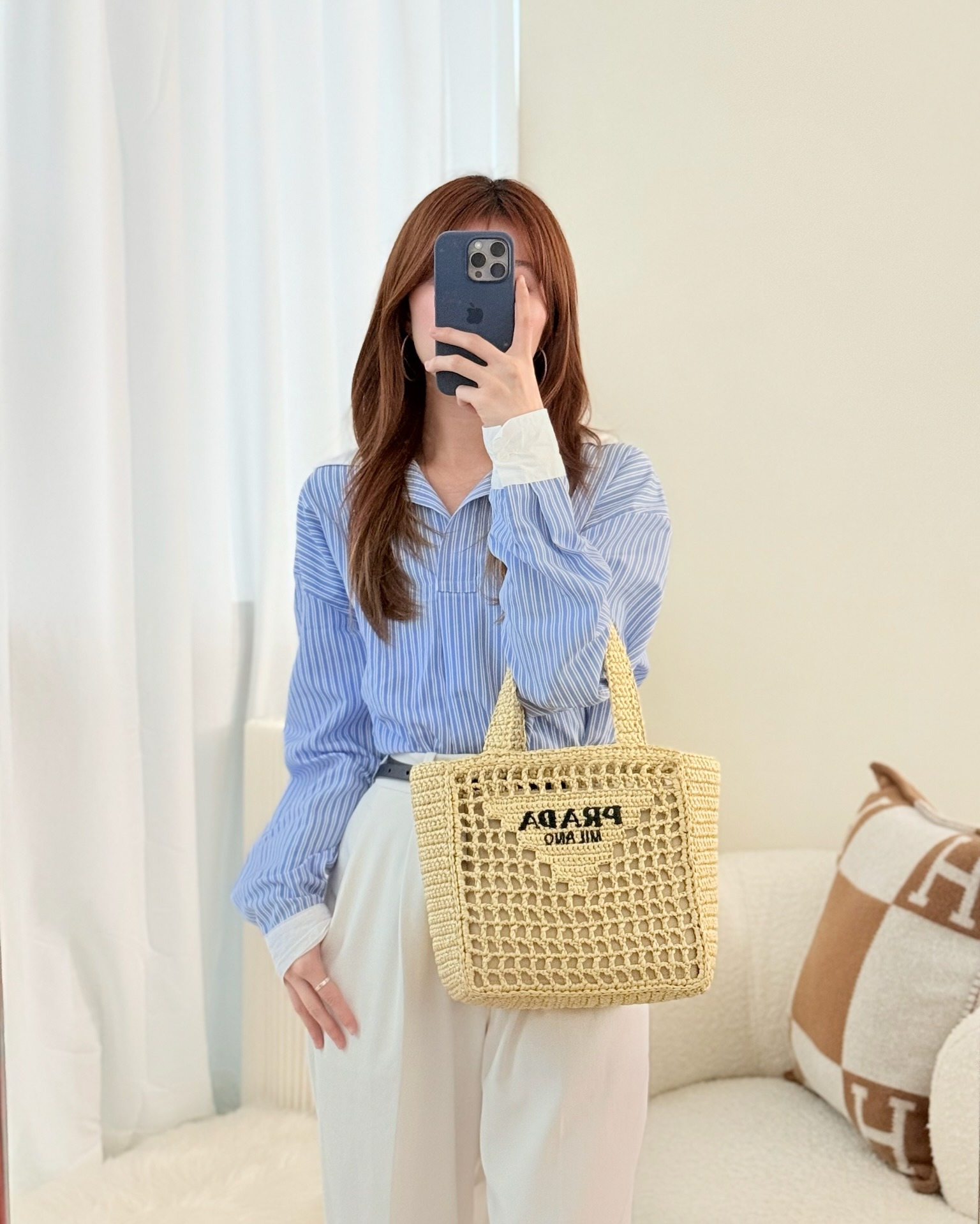 Prada Small Raffia Shopping Tote Bag