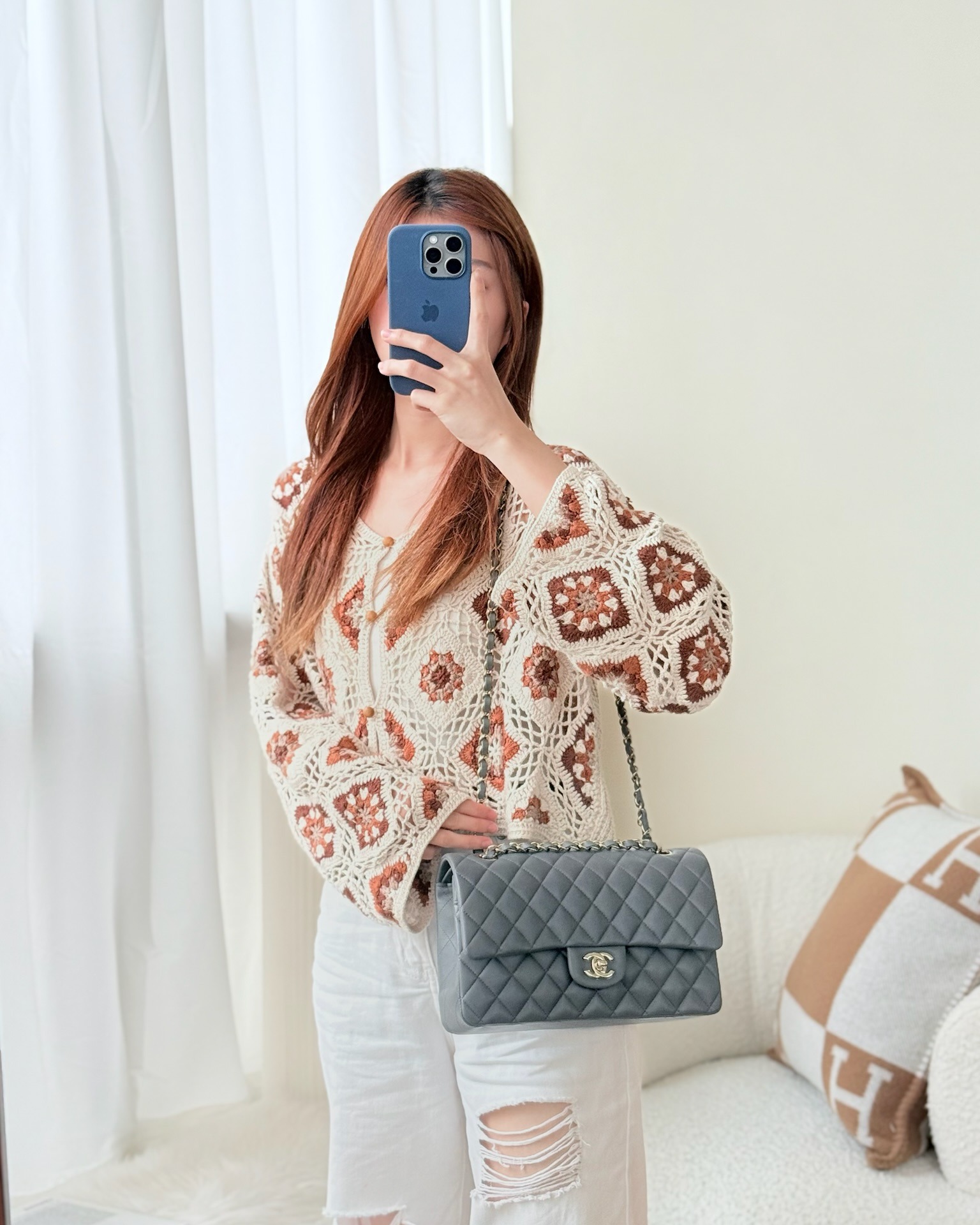 Chanel Classic M/L Medium Flap Quilted Grey Lambskin