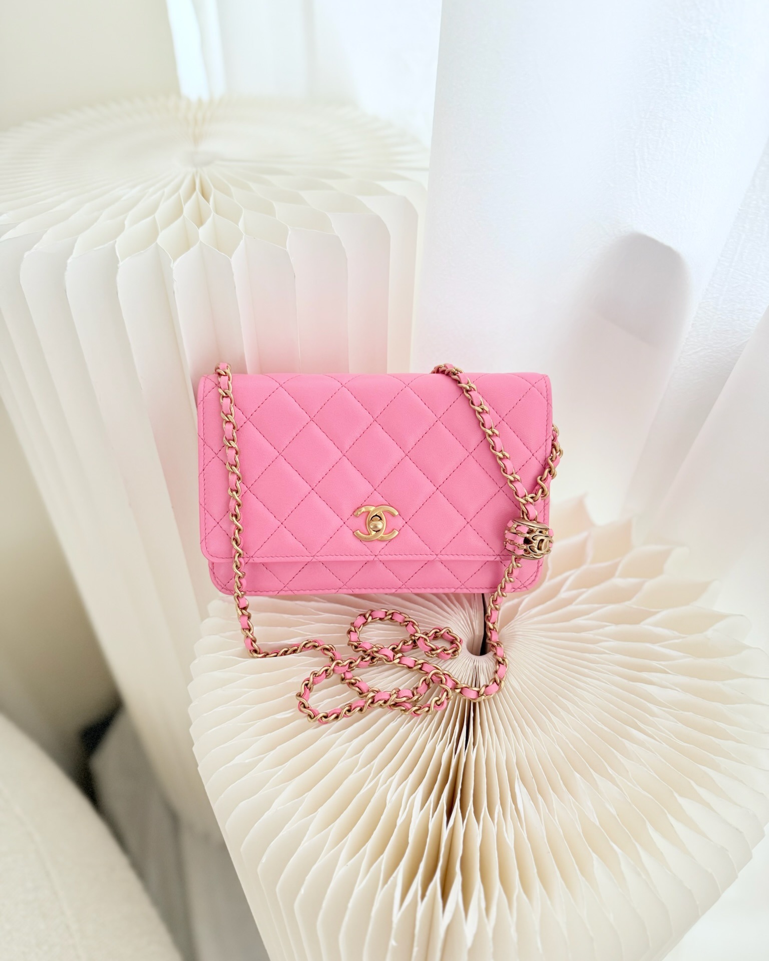 Chanel Quilted Pearl Crush Wallet on Chain WOC Pink Lambskin Aged