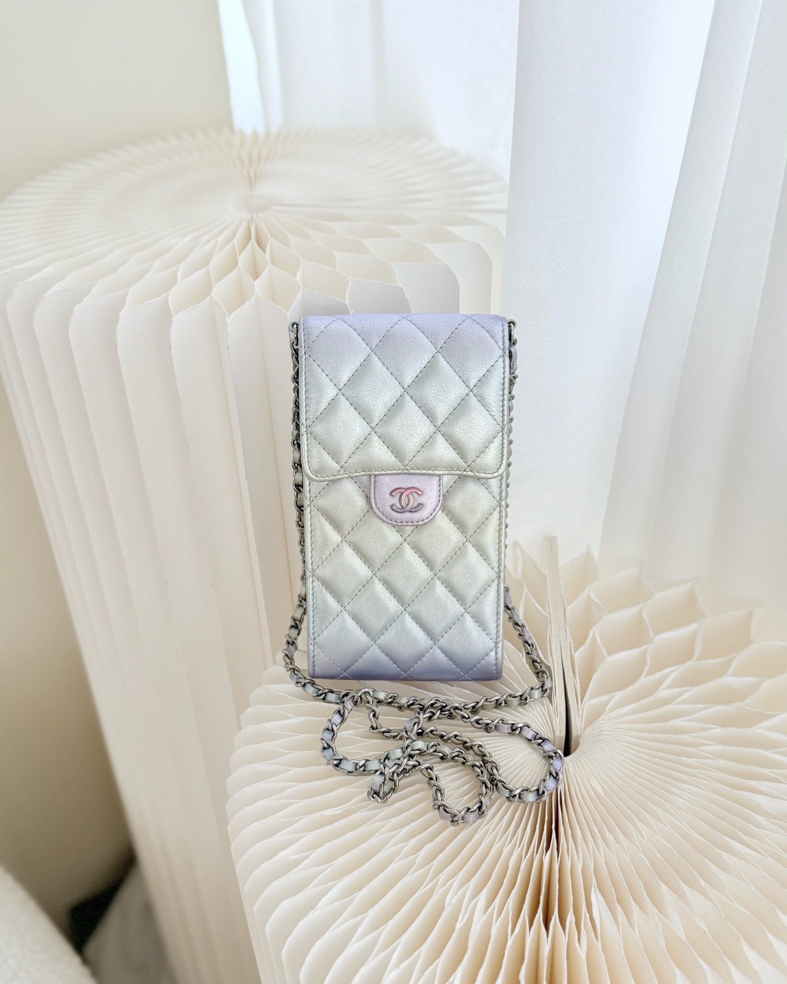 Chanel Classic Quilted Phone Holder Iridescent Rainbow Calfskin