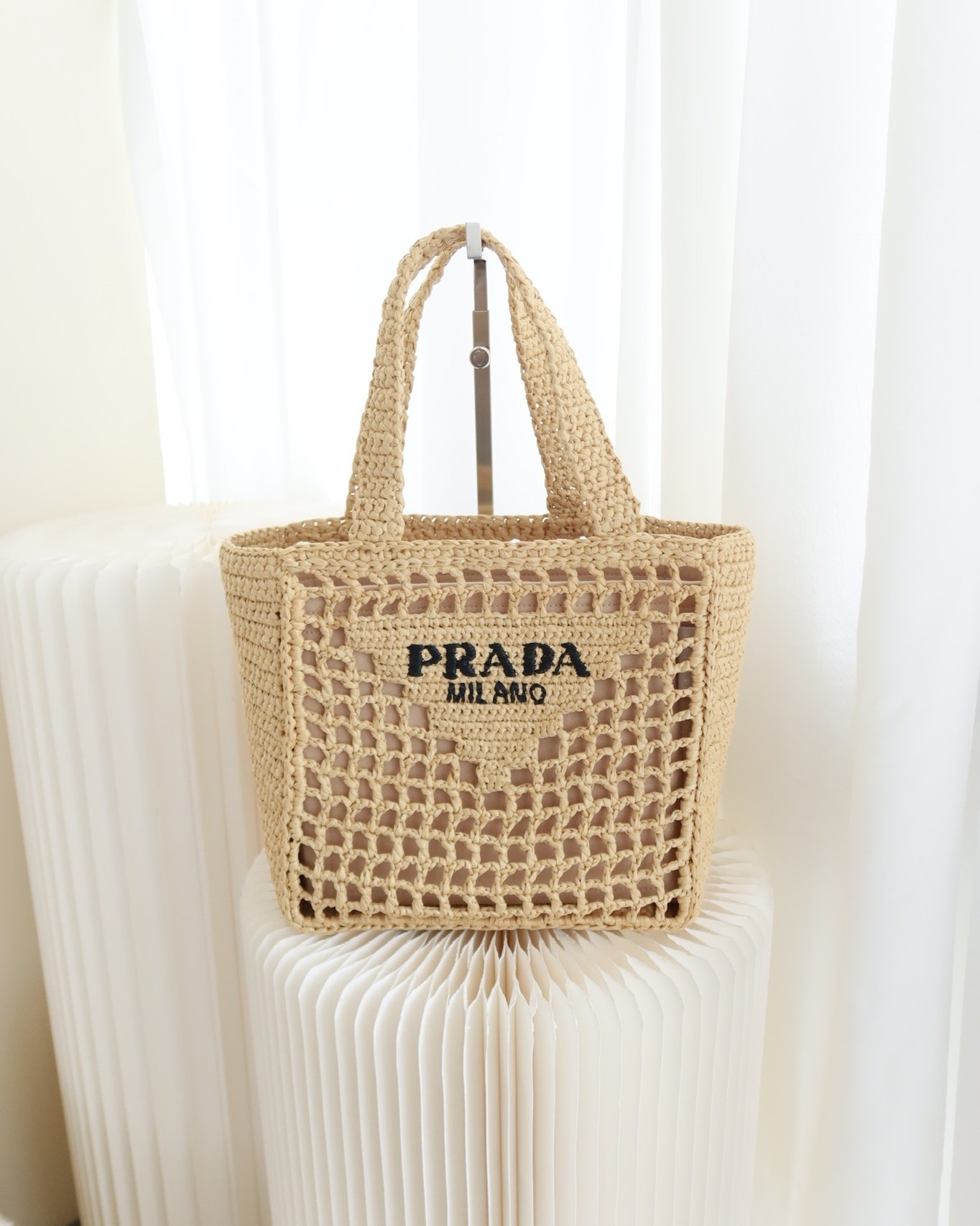 Prada Small Raffia Shopping Tote Bag