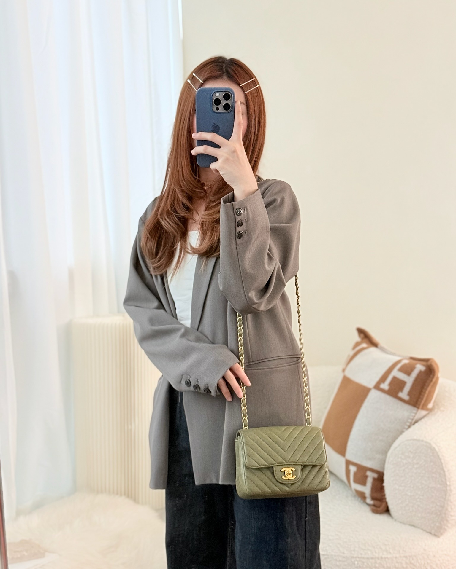 Chanel Mini Square Flap Chevron Olive Green Calfskin