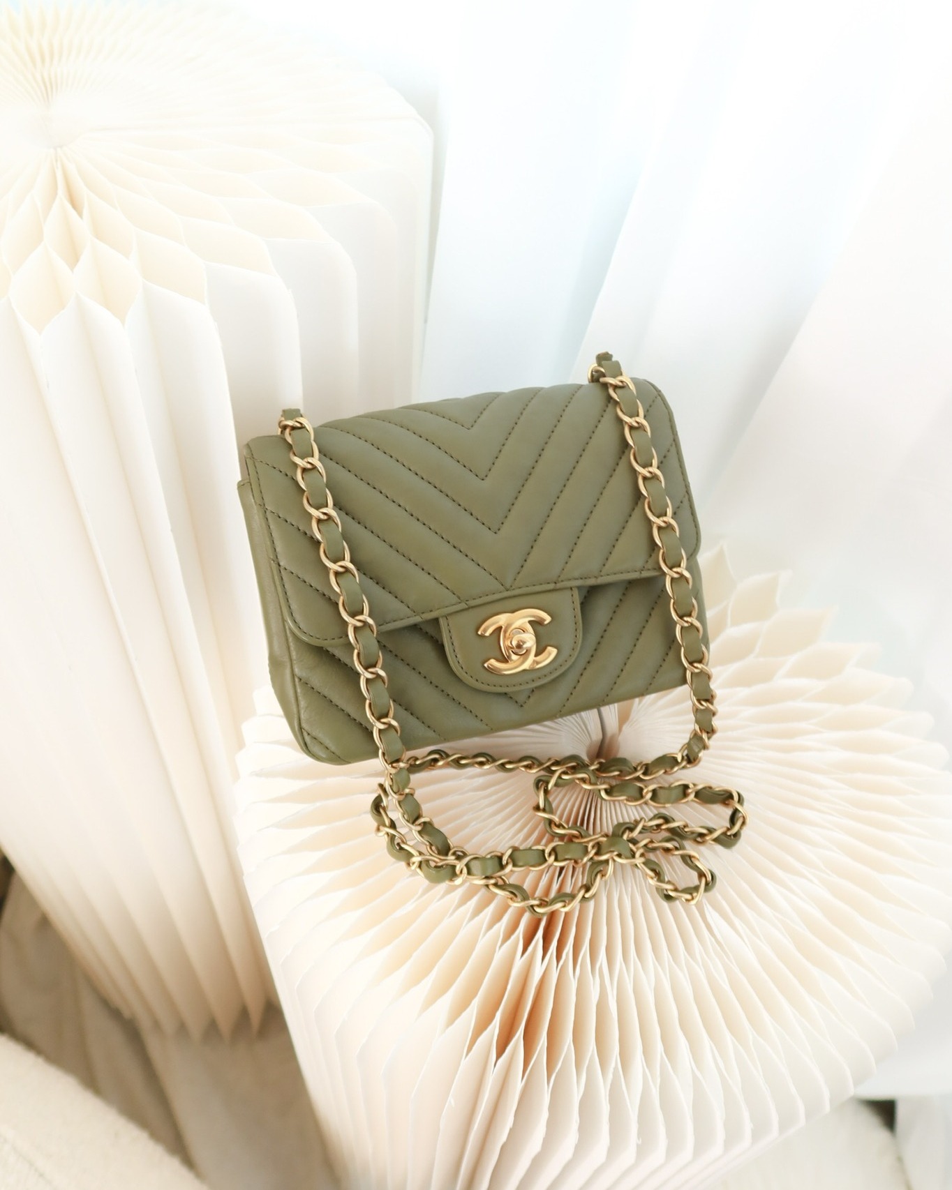 Chanel Mini Square Flap Chevron Olive Green Calfskin