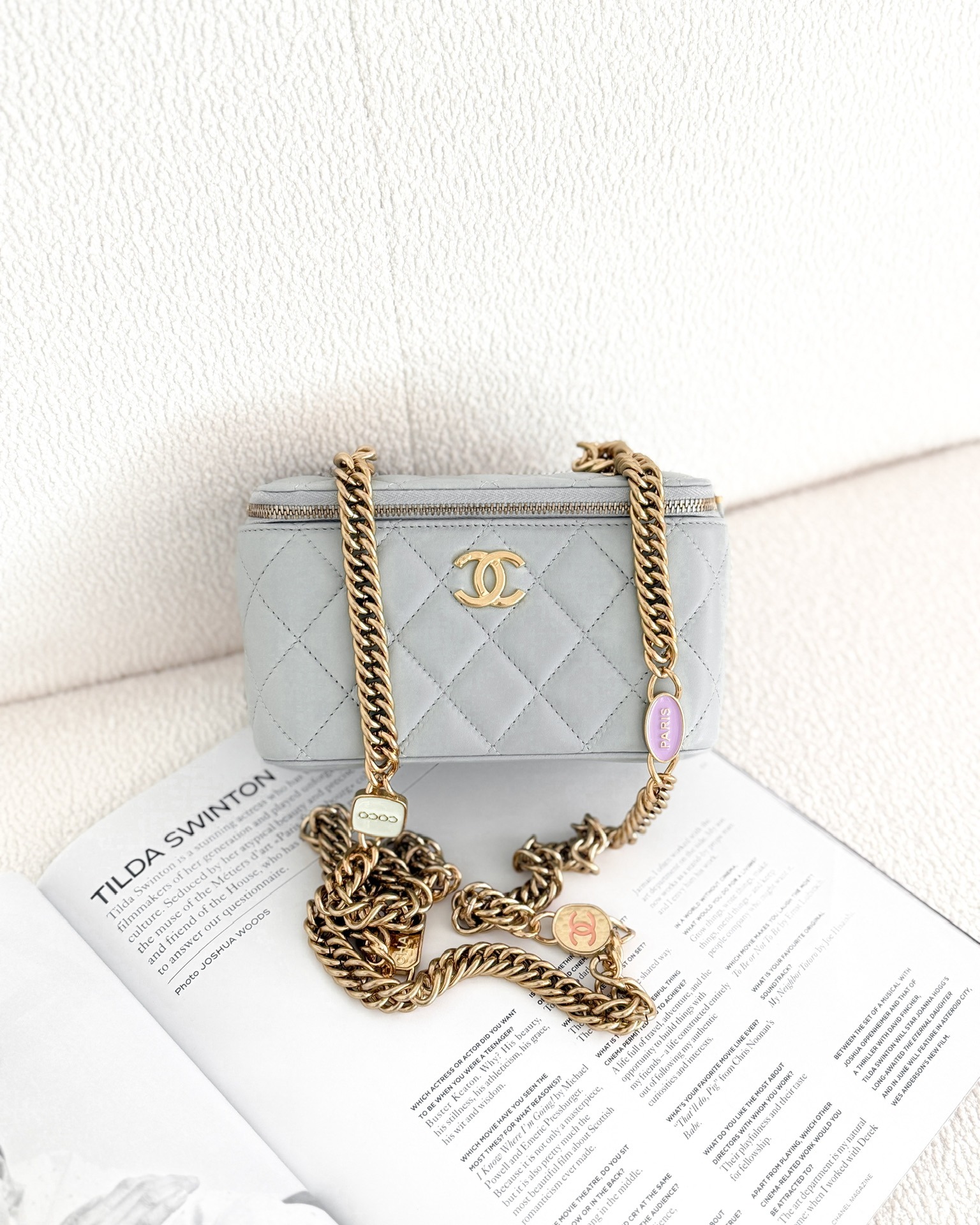 Chanel Quilted Vanity Rectangular with Chain Grey Blue Lambskin