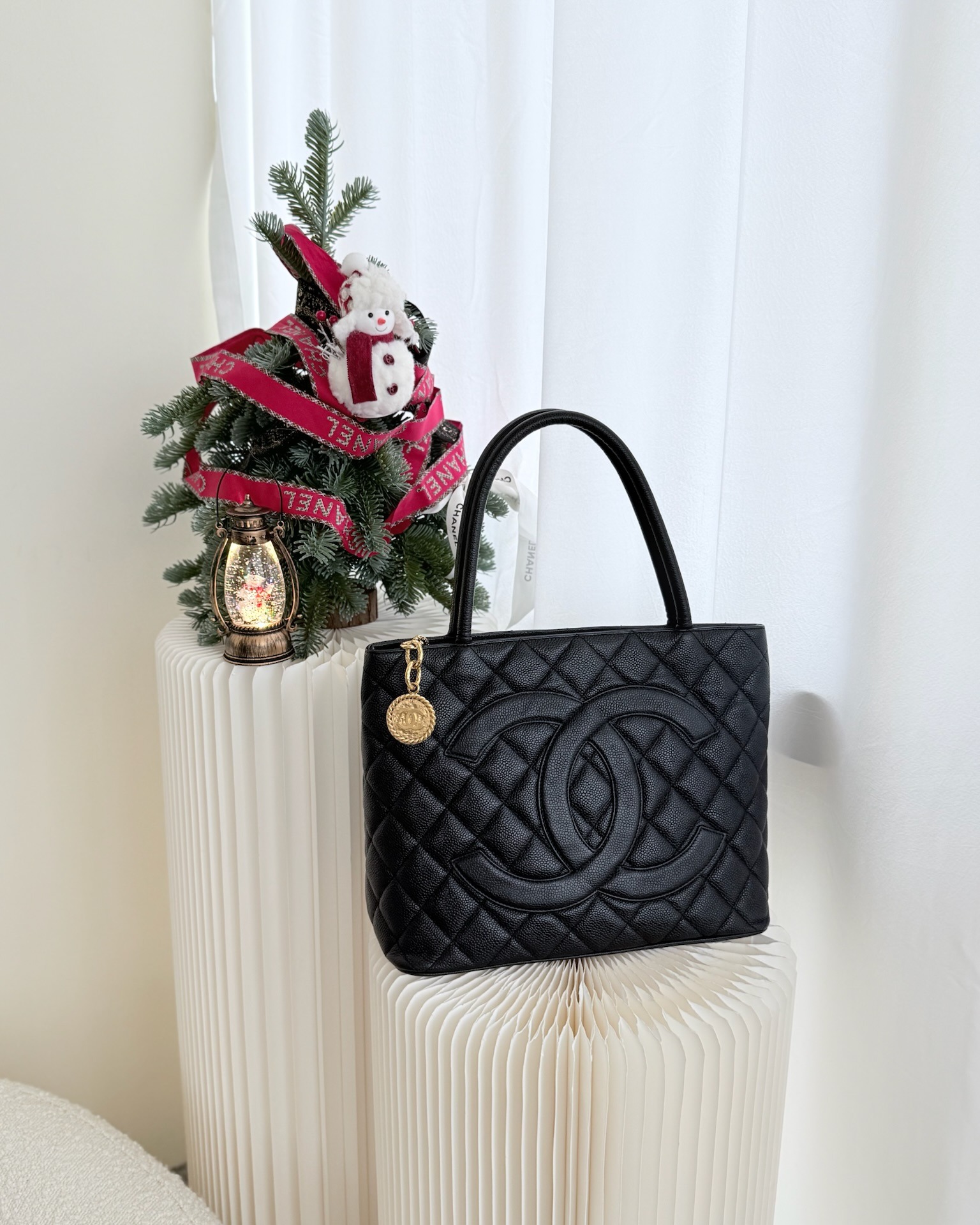 Chanel Vintage Medallion CC Black Caviar Gold Hardware Tote Bag