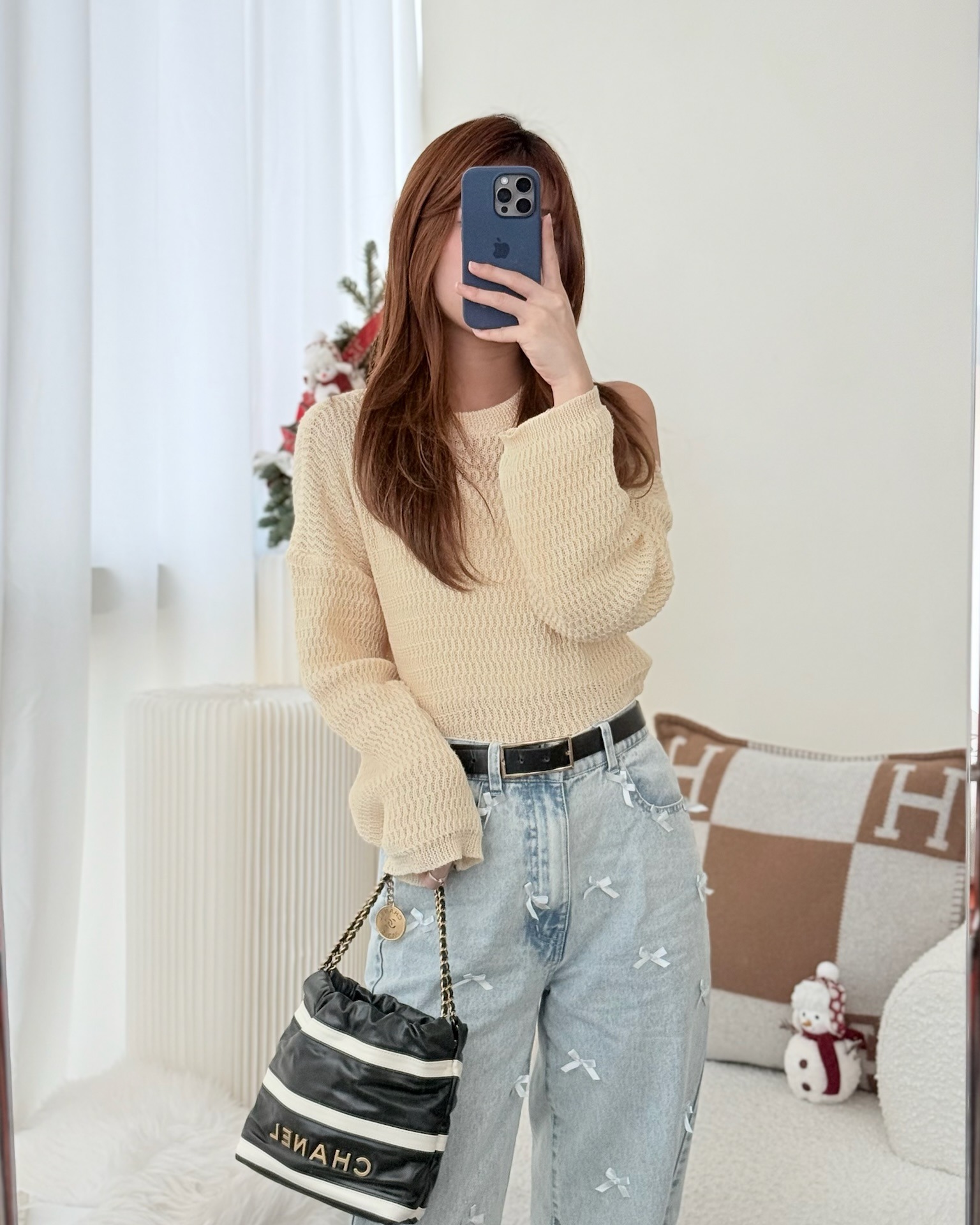 Chanel 22 Mini Bag Striped Black/ White Crumpled Calfskin