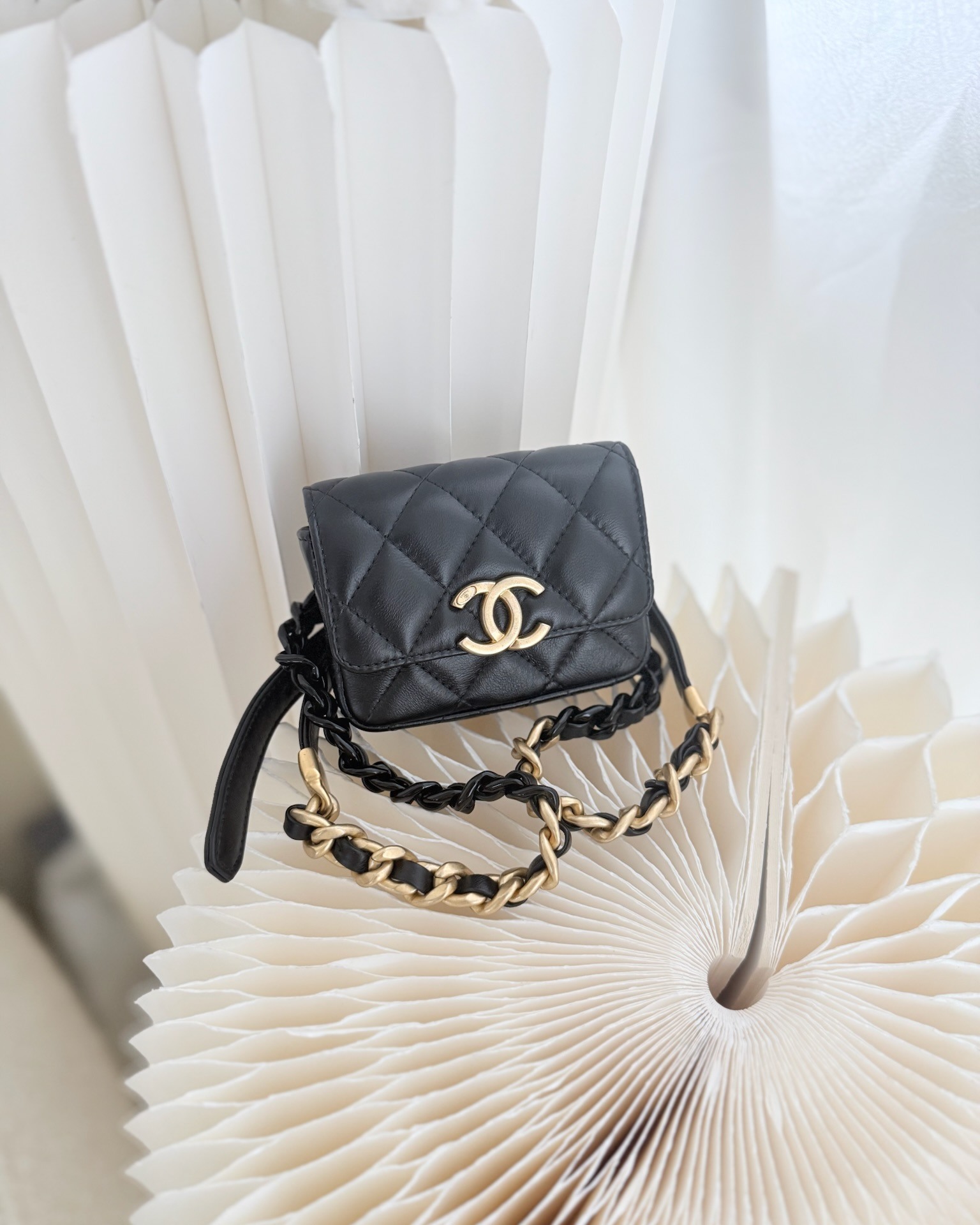 Chanel Mini Card Holder Belt Bag Black Lambskin Aged