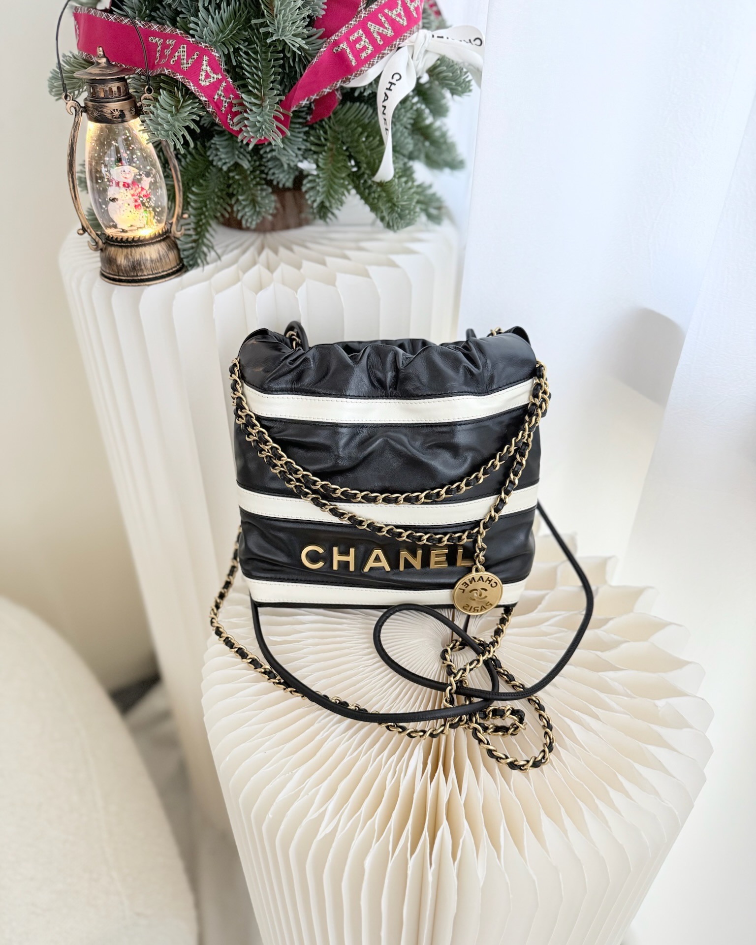 Chanel 22 Mini Bag Striped Black/ White Crumpled Calfskin