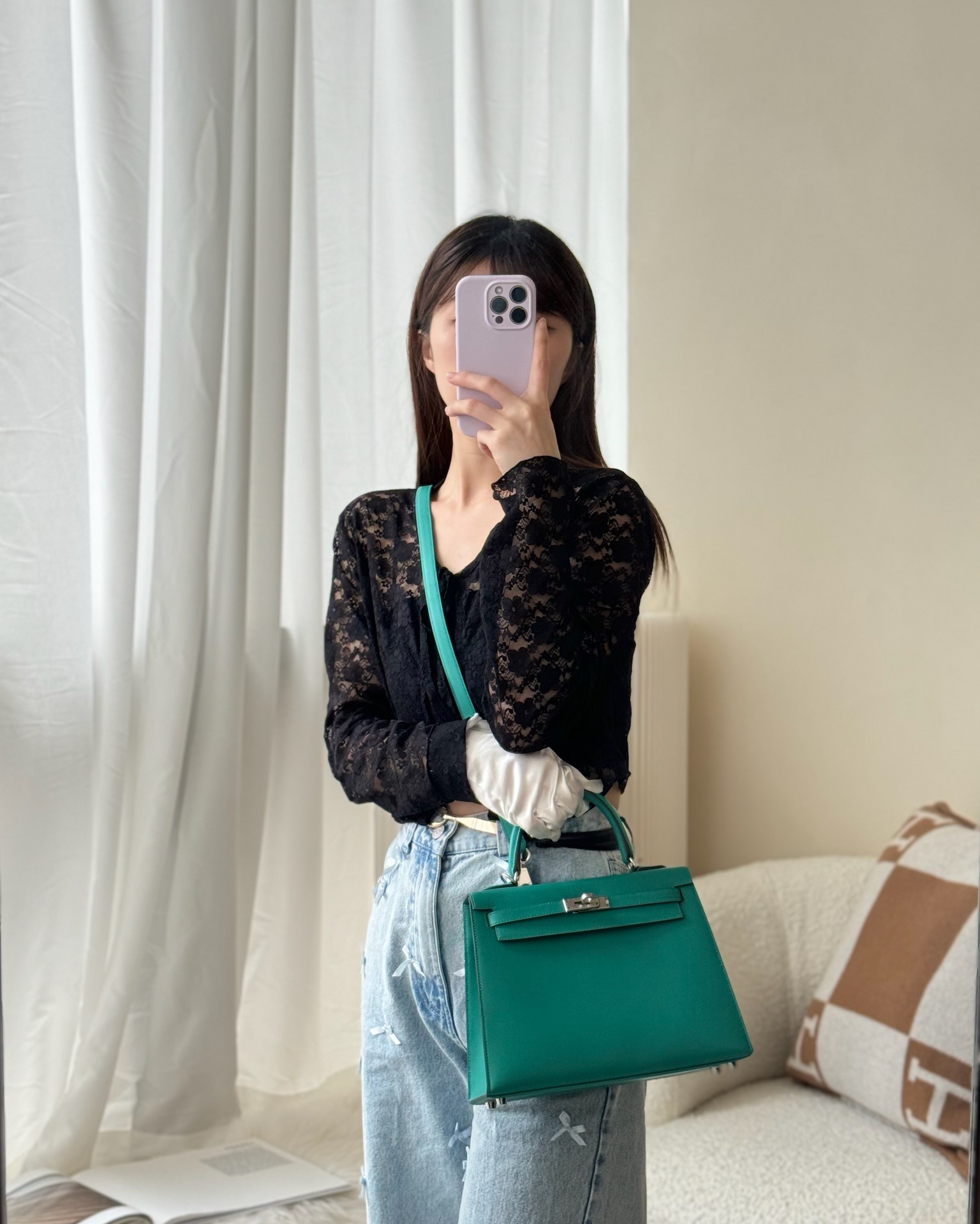 Hermès Sellier Kelly 25 Madame Leather Vert Verone U1/ Bleu De Prusse 7P Palladium Hardware