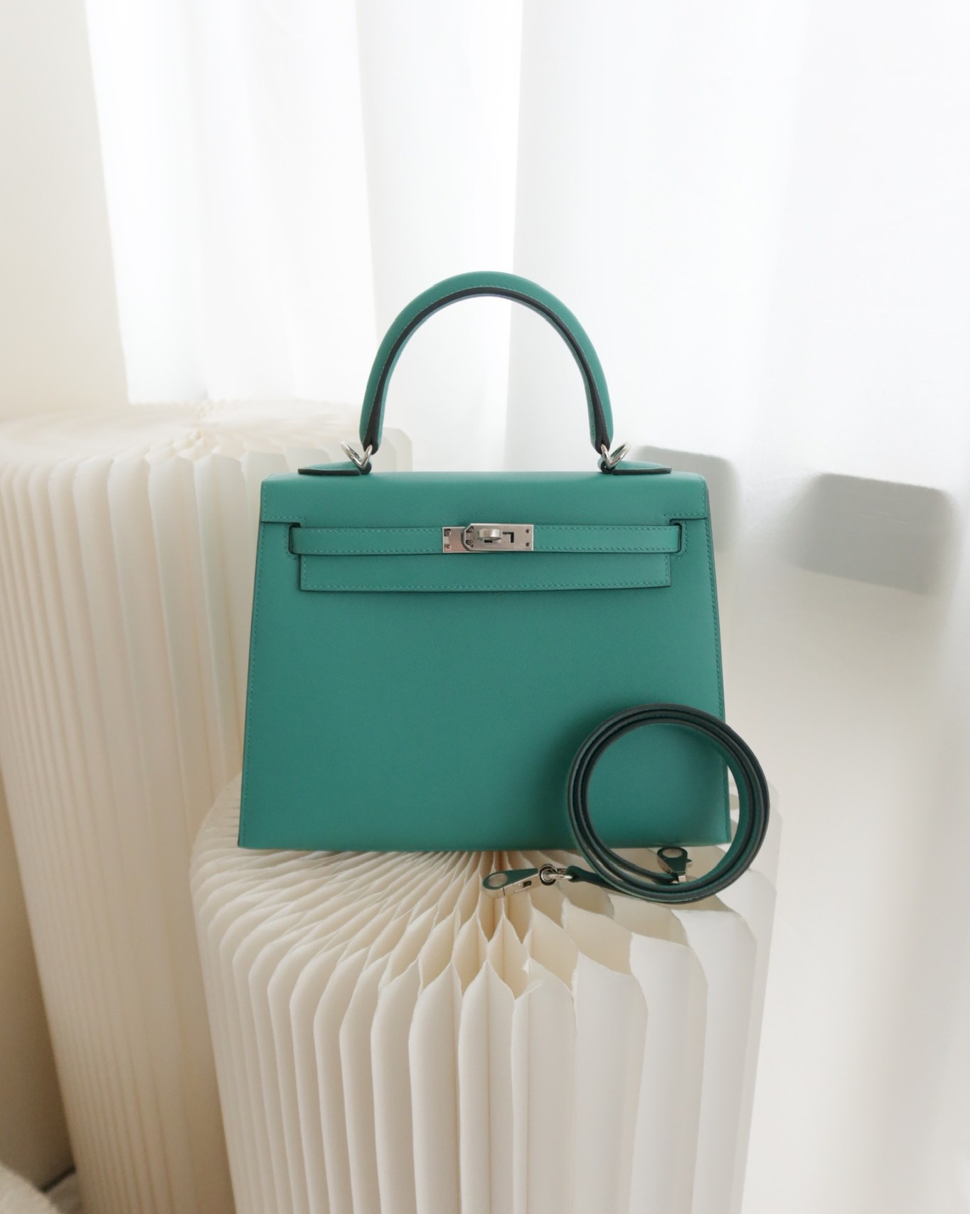 Hermès Sellier Kelly 25 Madame Leather Vert Verone U1/ Bleu De Prusse 7P Palladium Hardware