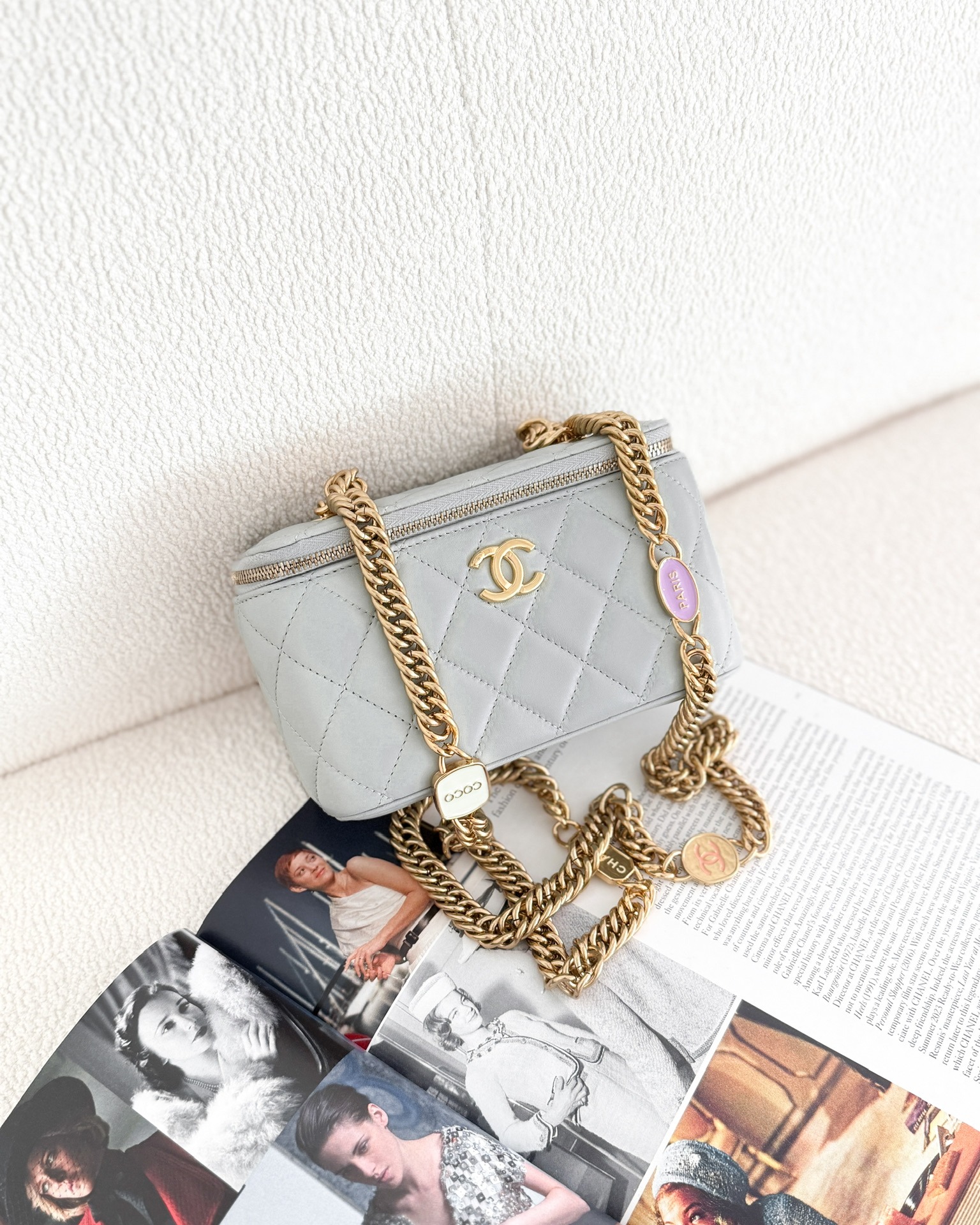 Chanel Quilted Vanity Rectangular with Chain Grey Blue Lambskin