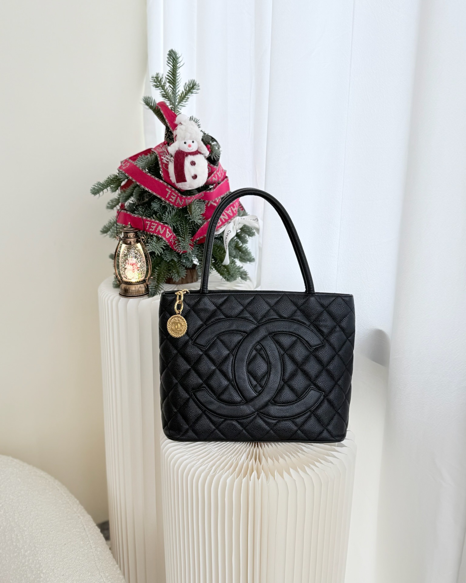 Chanel Vintage Medallion CC Black Caviar Gold Hardware Tote Bag