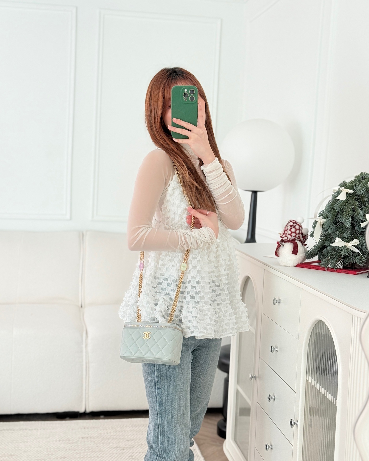 Chanel Quilted Vanity Rectangular with Chain Grey Blue Lambskin