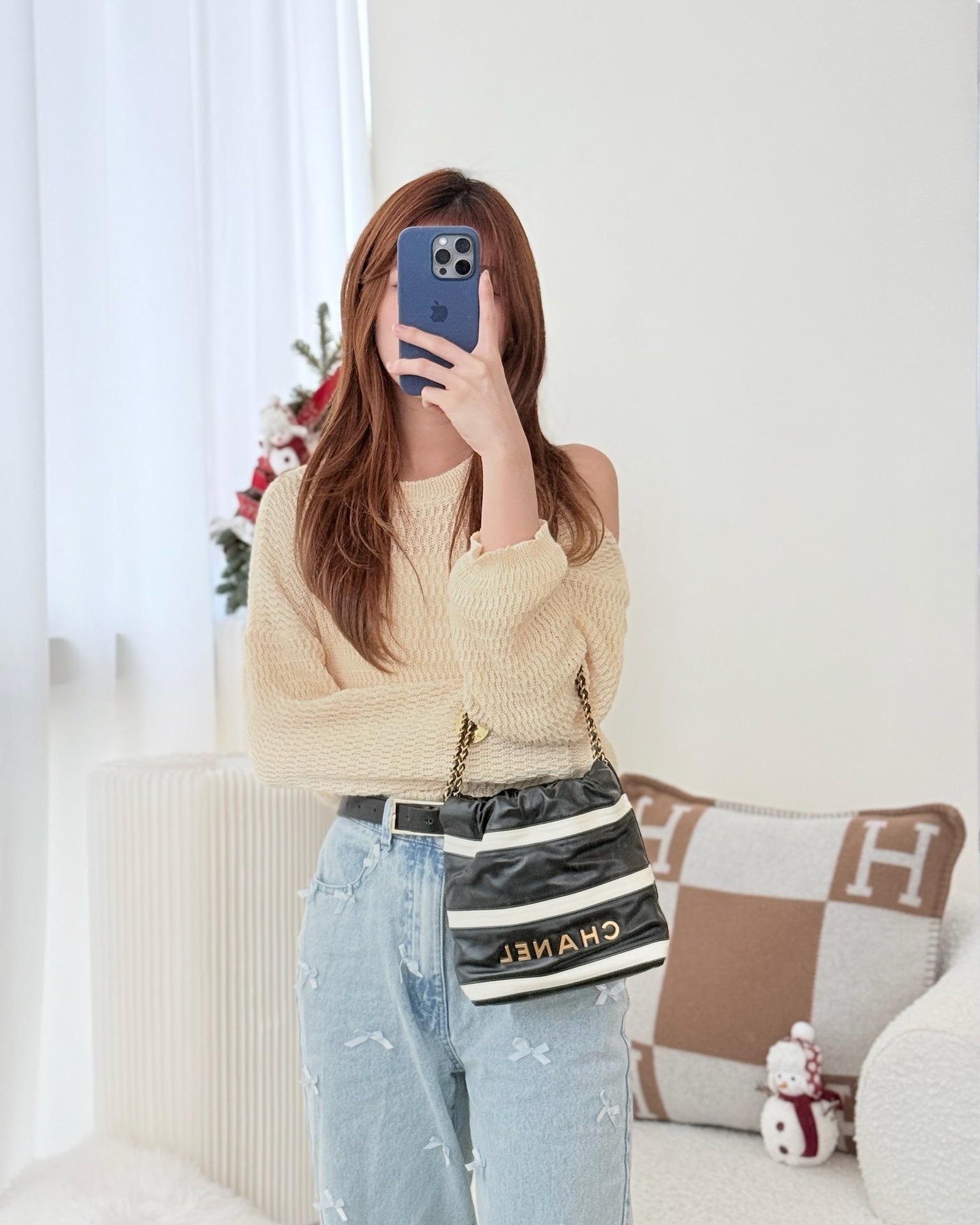 Chanel 22 Mini Bag Striped Black/ White Crumpled Calfskin