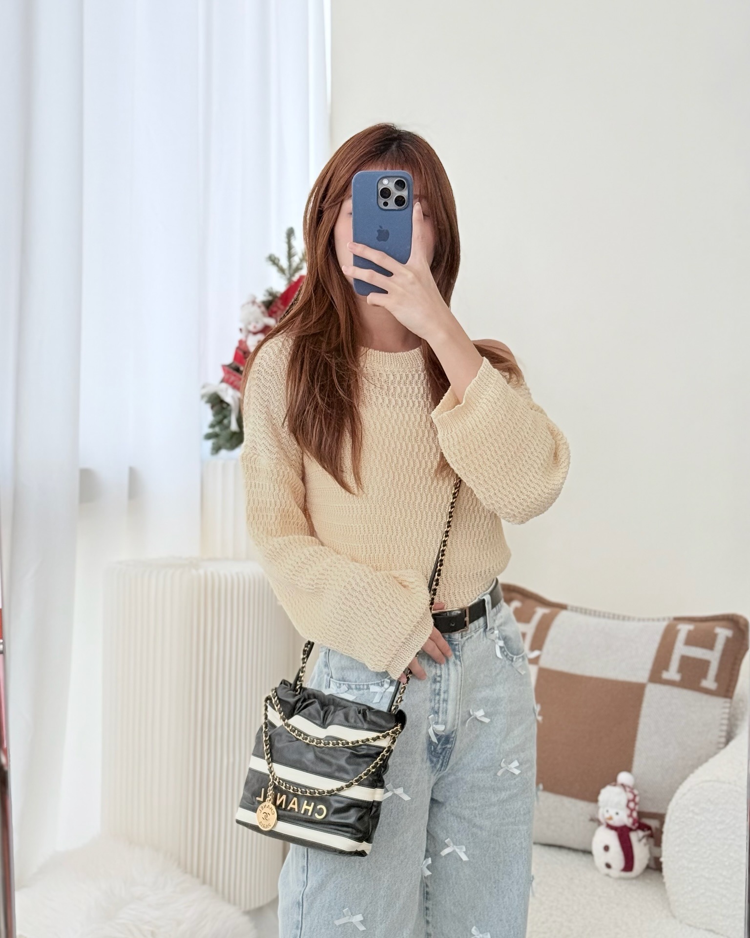 Chanel 22 Mini Bag Striped Black/ White Crumpled Calfskin