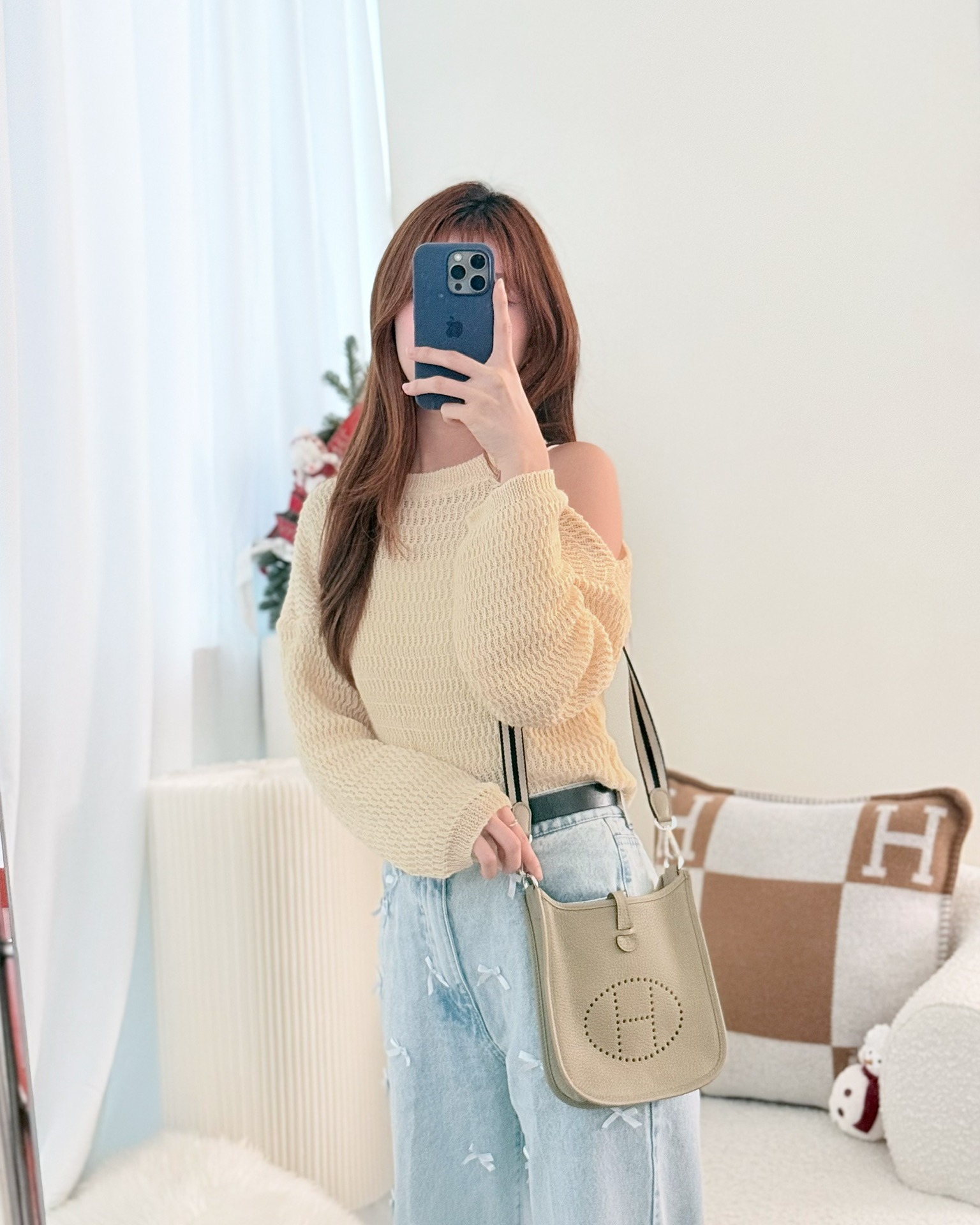 Hermès Mini Evelyne 16 Beige Marfa 8Q Clemence Palladium Hardware