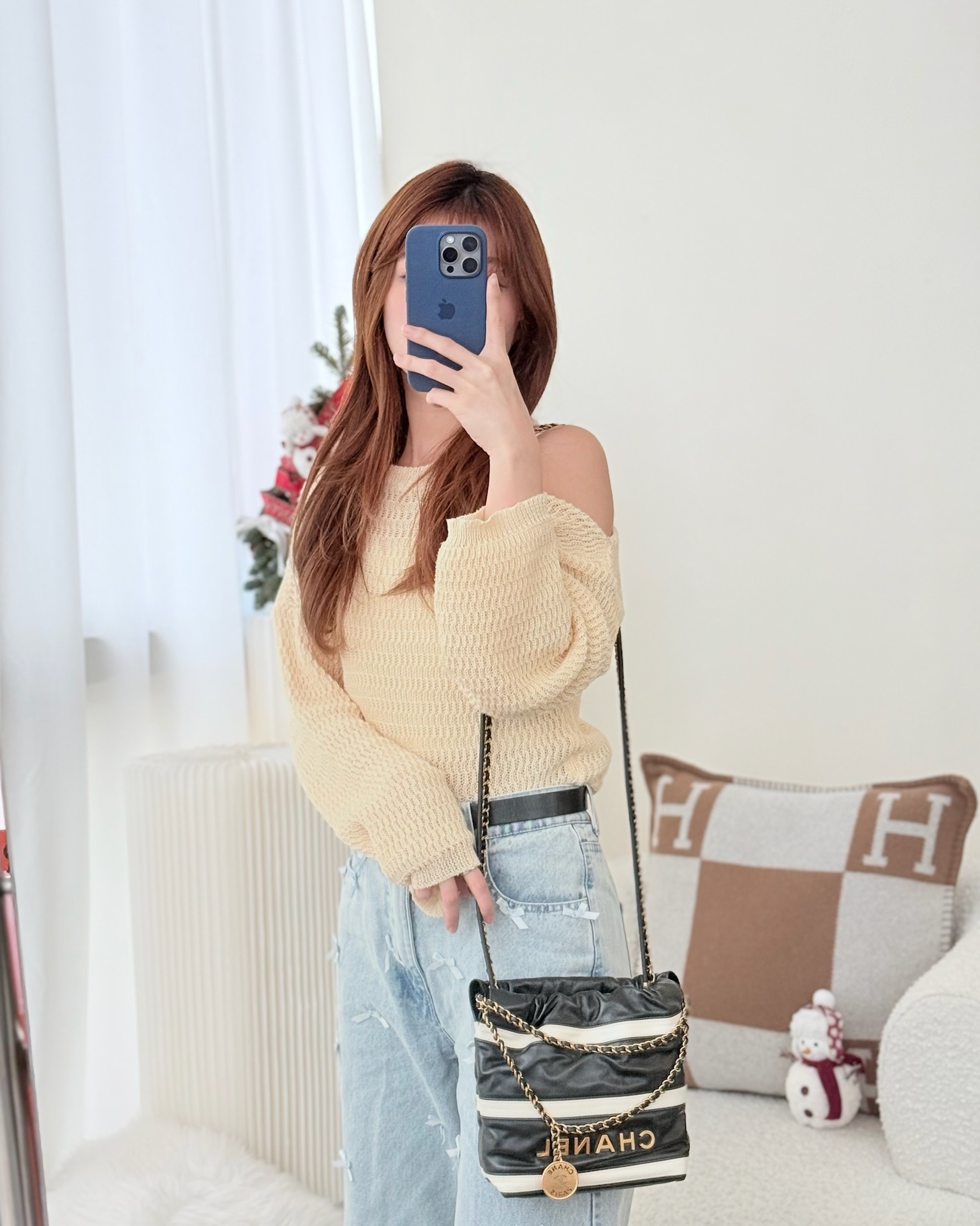 Chanel 22 Mini Bag Striped Black/ White Crumpled Calfskin