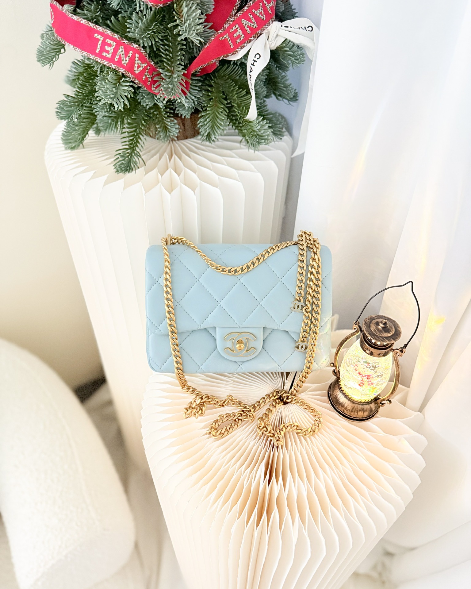 Chanel Quilted Enamel Pending CC Small Square Flap Baby Blue Lambskin 22P