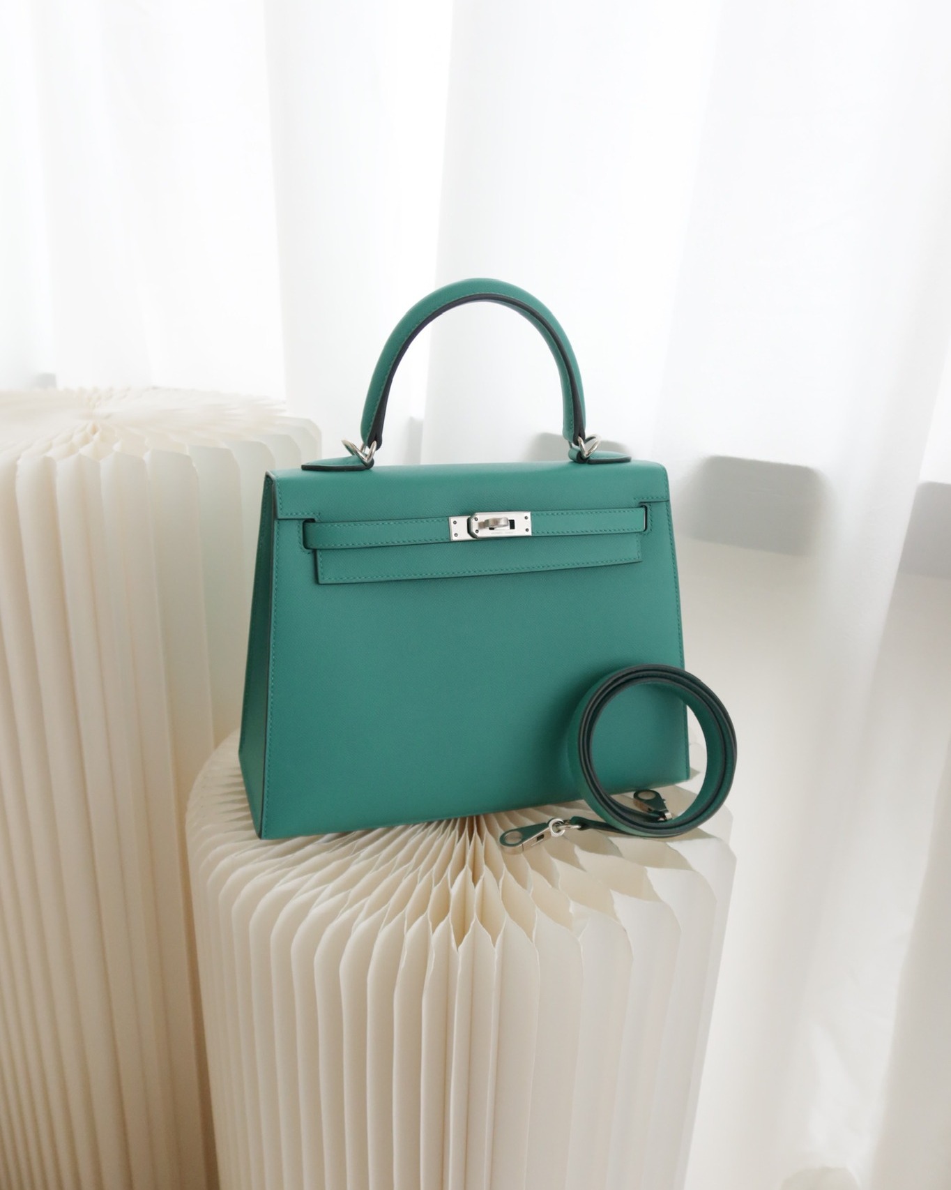 Hermès Sellier Kelly 25 Madame Leather Vert Verone U1/ Bleu De Prusse 7P Palladium Hardware