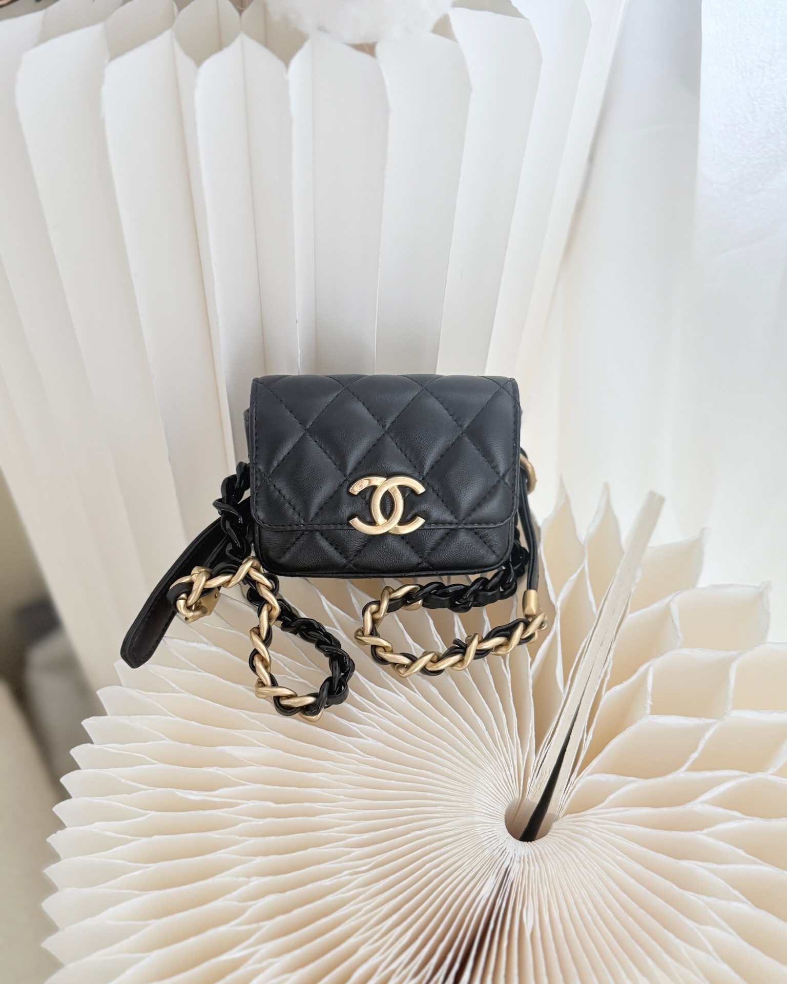 Chanel Mini Card Holder Belt Bag Black Lambskin Aged