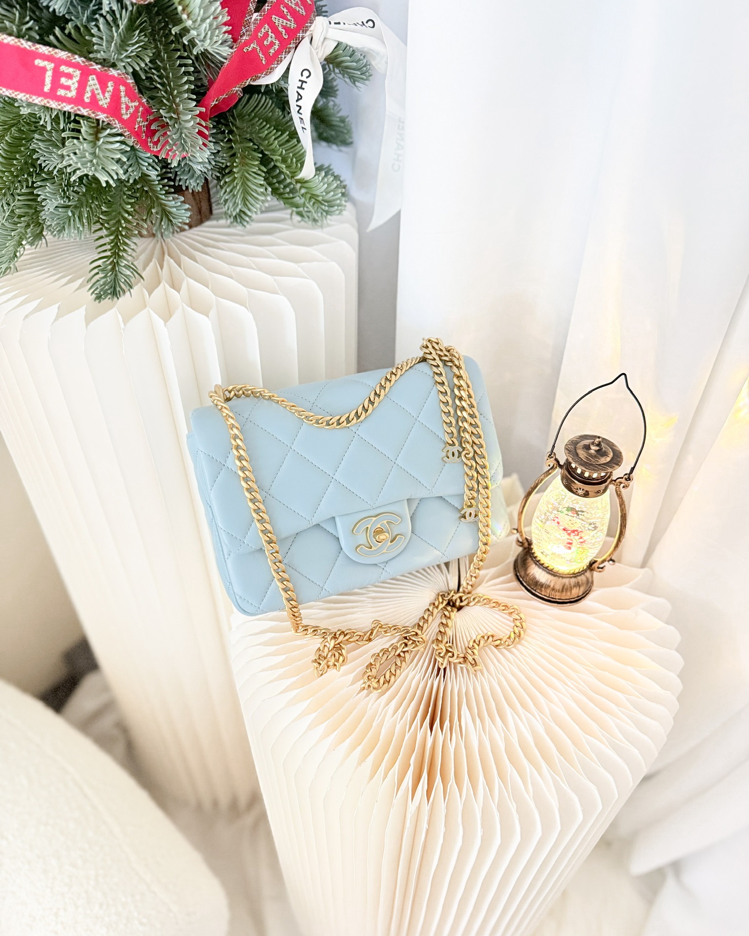 Chanel Quilted Enamel Pending CC Small Square Flap Baby Blue Lambskin 22P