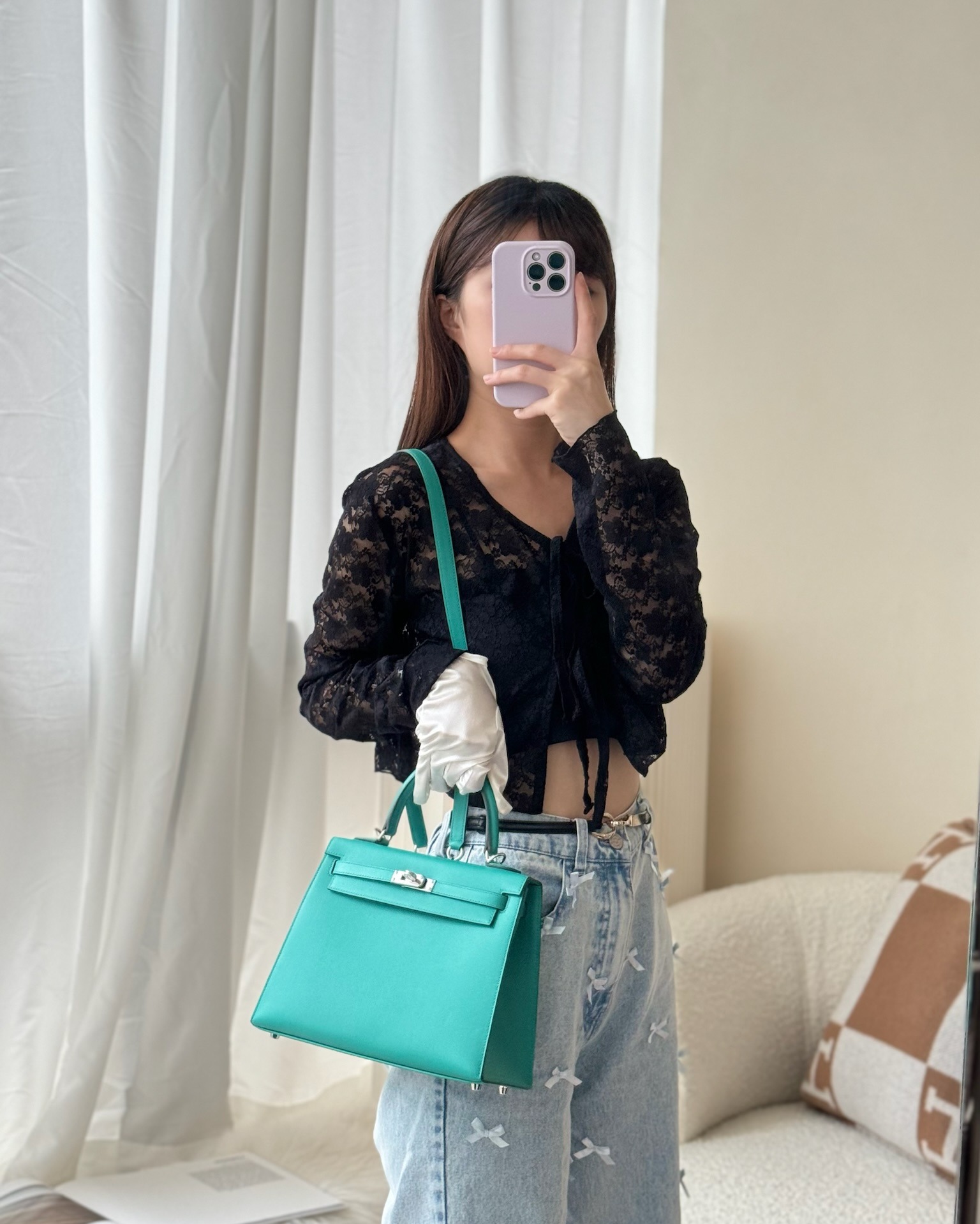 Hermès Sellier Kelly 25 Madame Leather Vert Verone U1/ Bleu De Prusse 7P Palladium Hardware