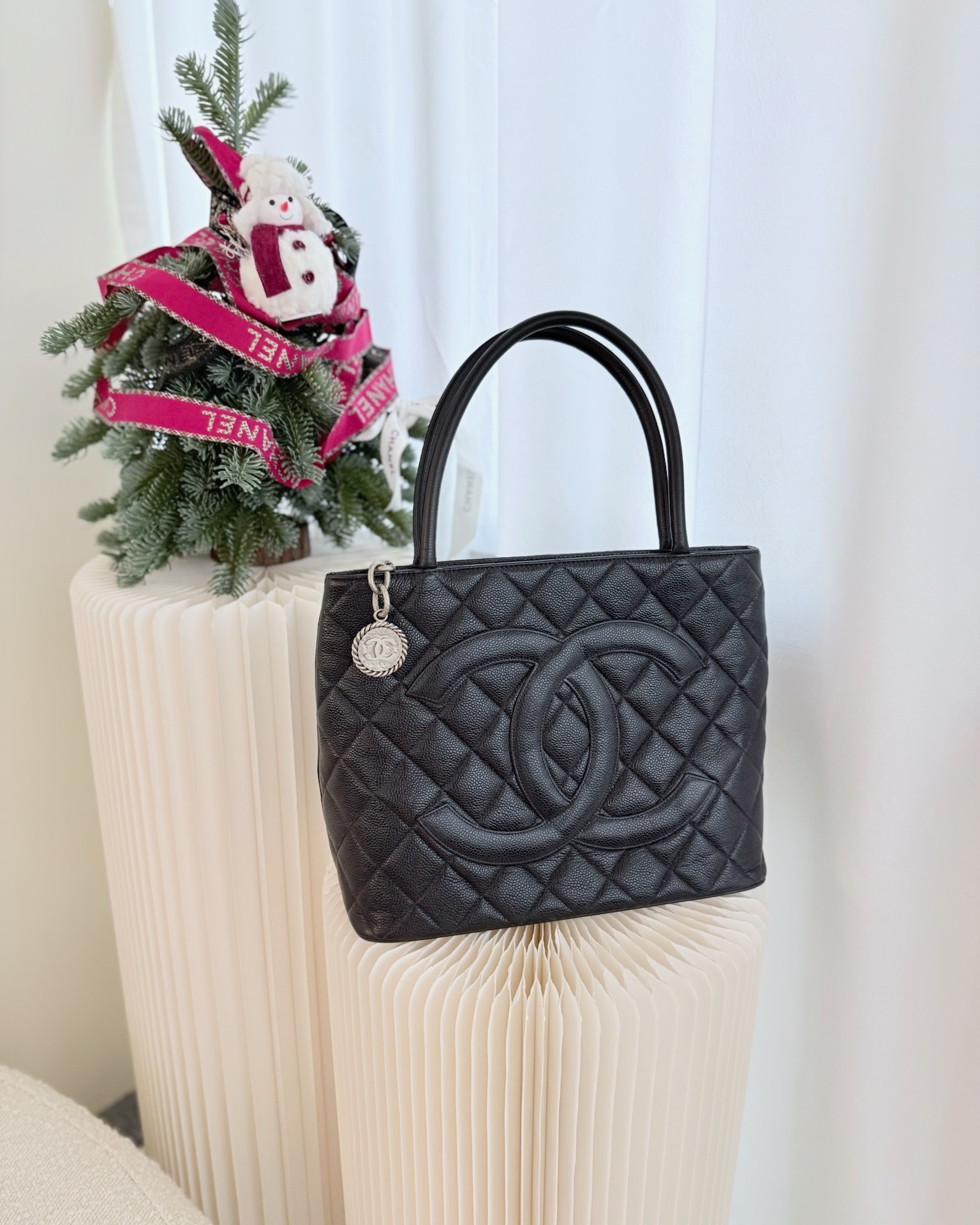 Chanel Vintage Medallion CC Black Caviar Silver Handware Tote Bag