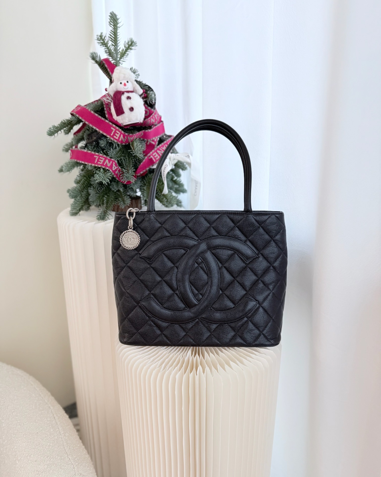 Chanel Vintage Medallion CC Black Caviar Silver Handware Tote Bag