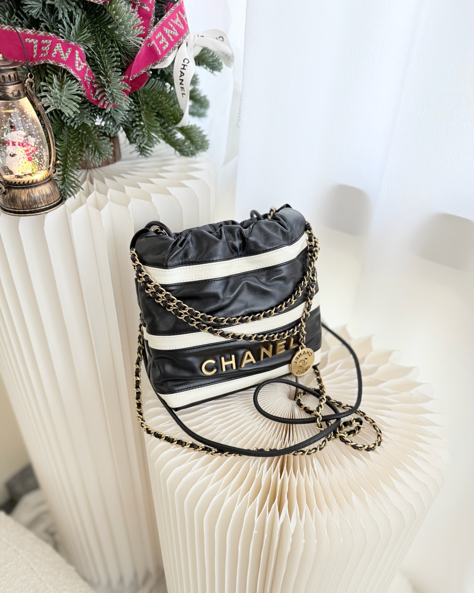 Chanel 22 Mini Bag Striped Black/ White Crumpled Calfskin