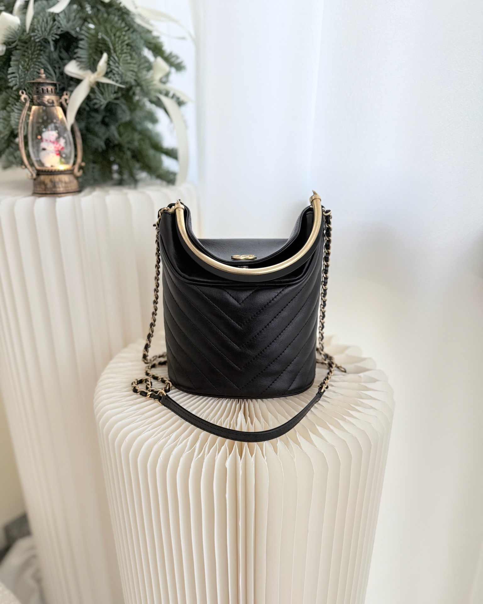 Chanel Chevron Chic Bucket Bag with Handle Black Lambskin Aged
