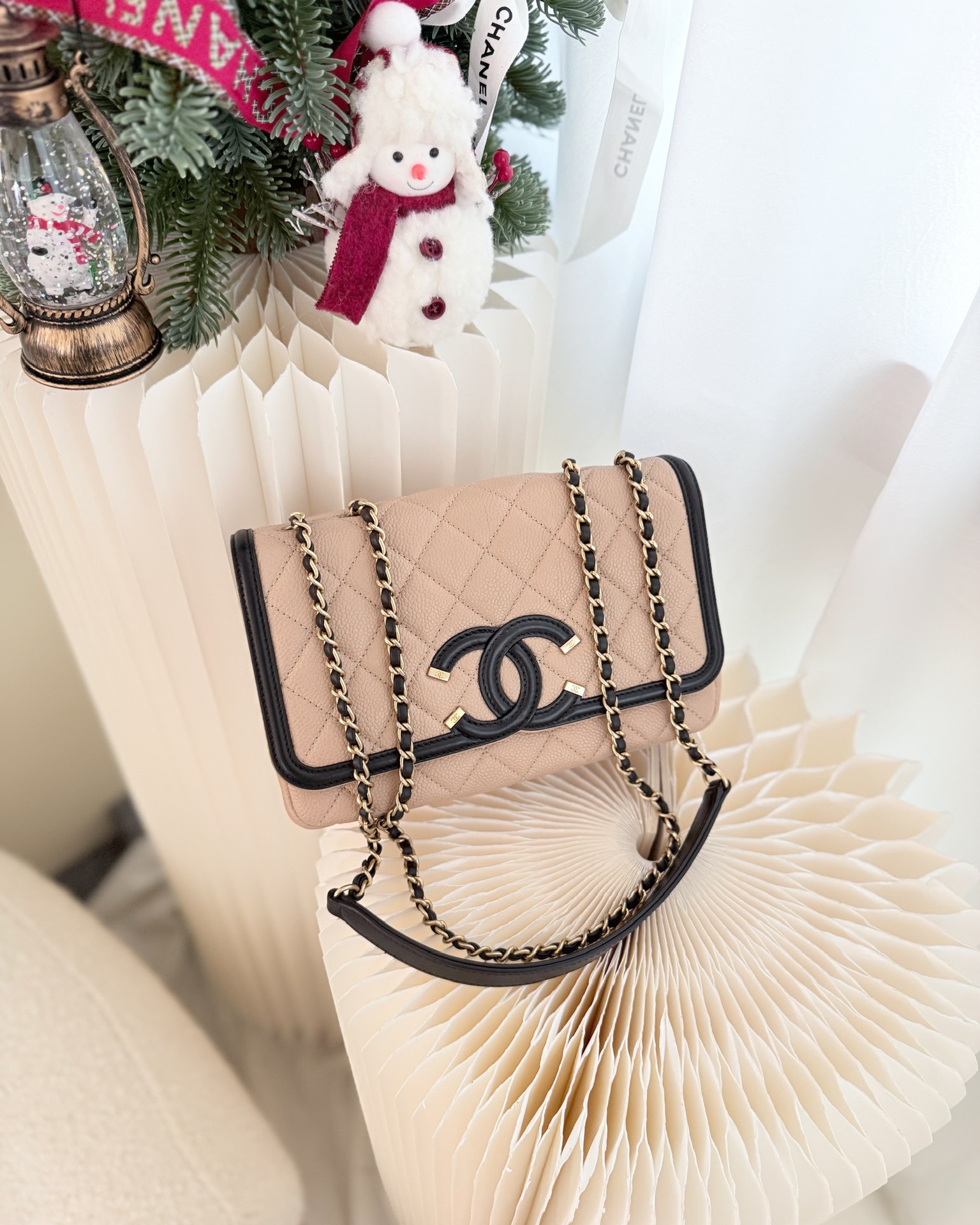 Chanel Small CC Filigree Flap Quilted Beige Black Caviar