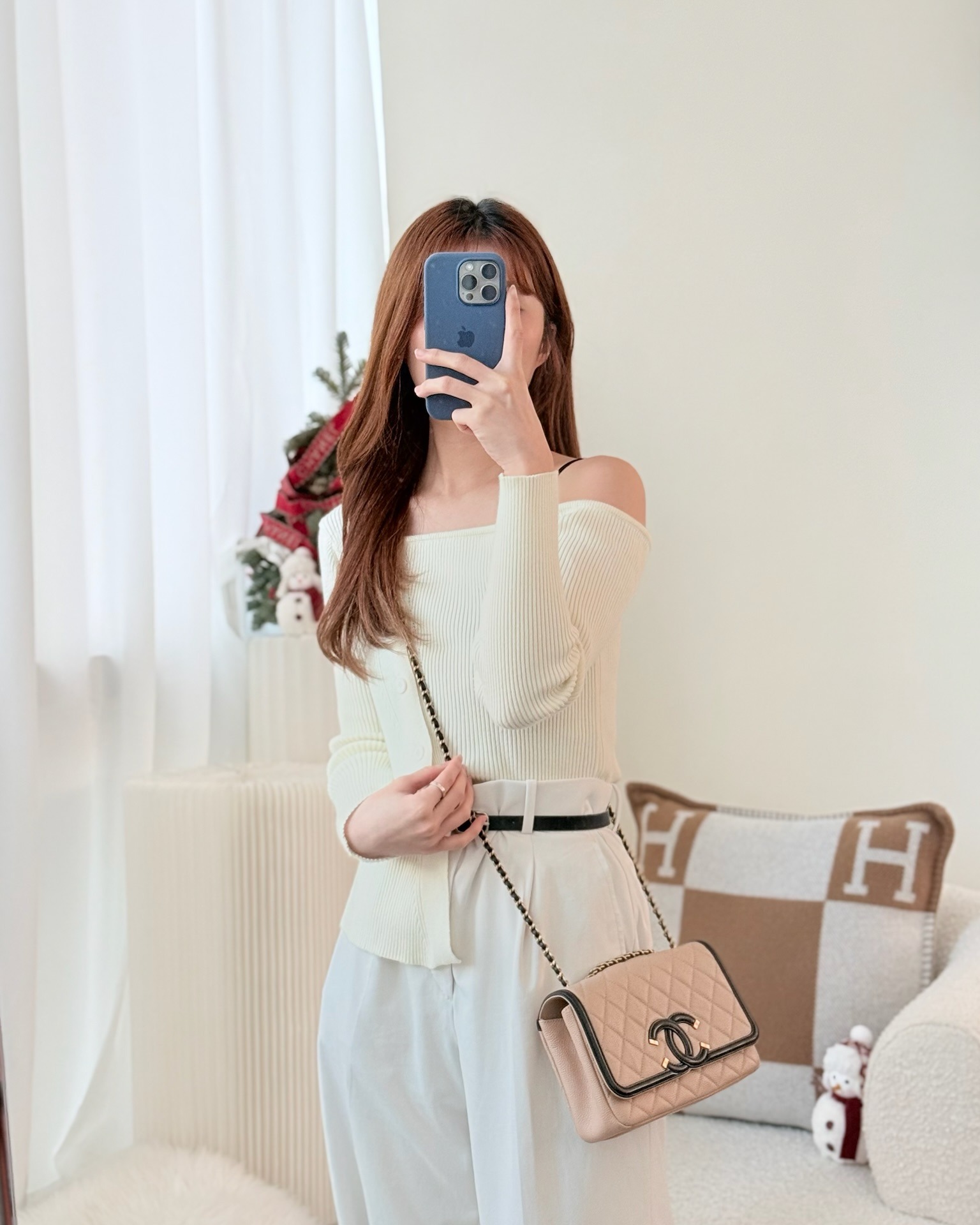 Chanel Small CC Filigree Flap Quilted Beige Black Caviar