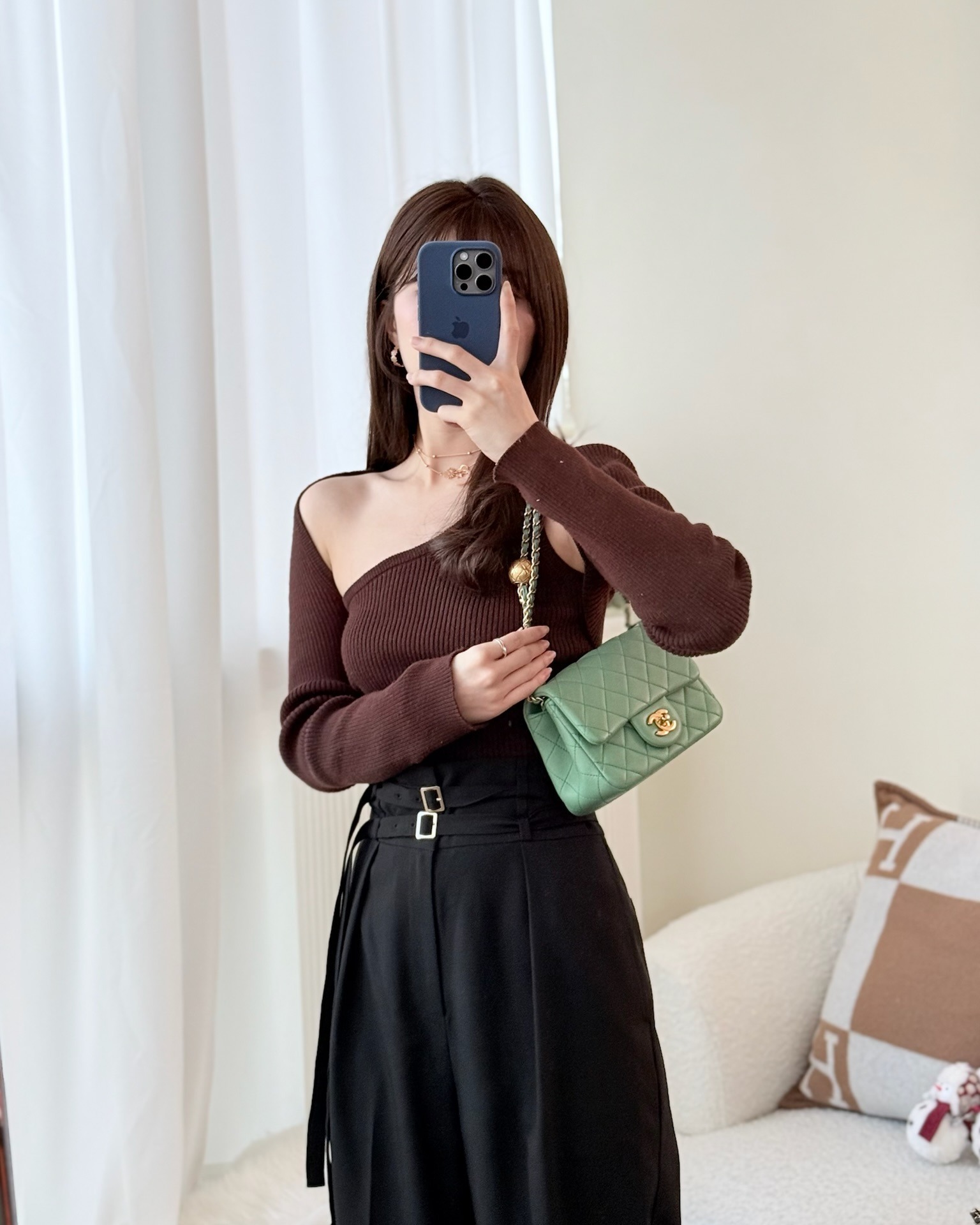 Chanel Pearl Crush Mini Square Quilted Green Lambskin Aged