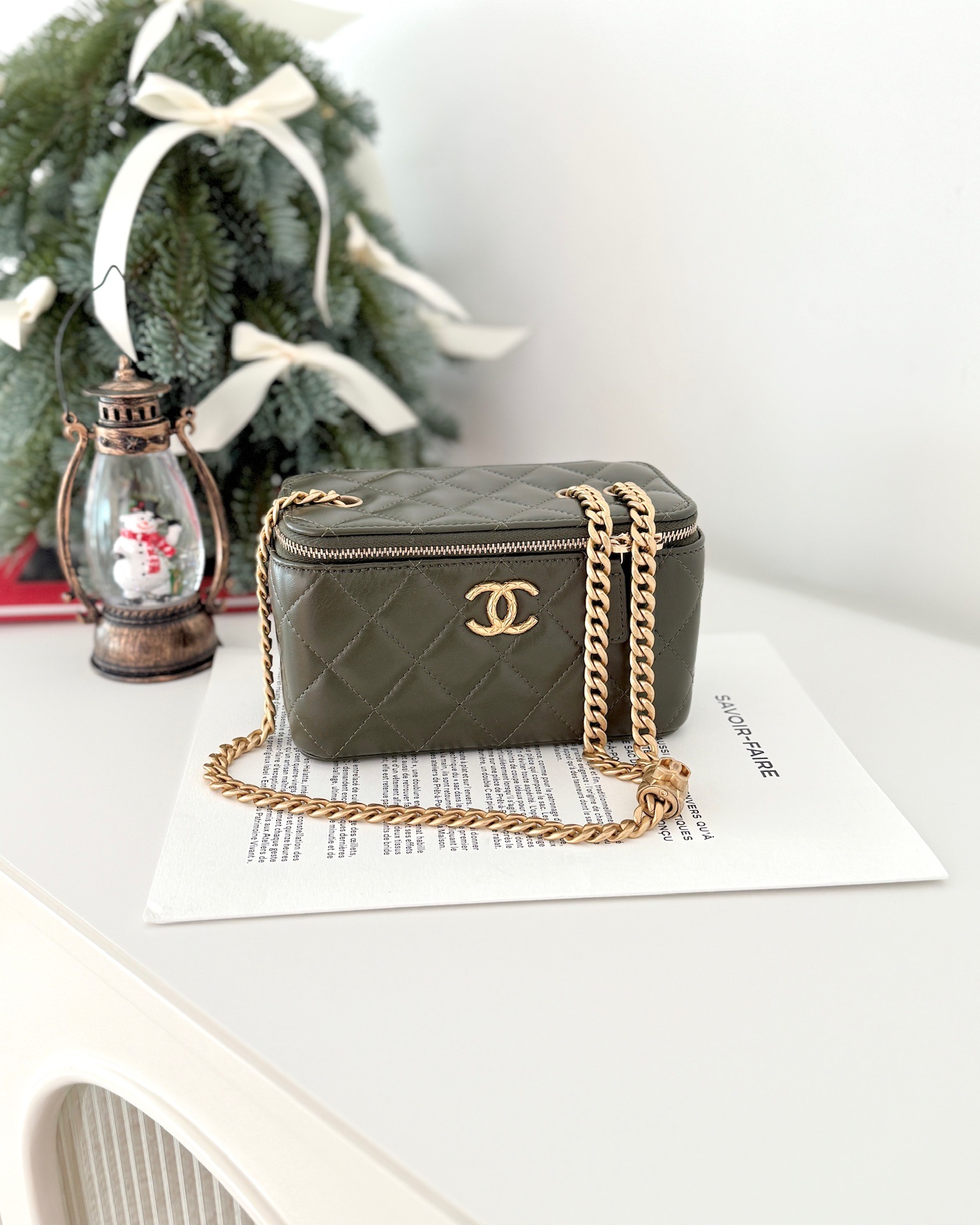Chanel All Slide Vanity with Adjustable Chain Dark Olive Green Lambskin Aged
