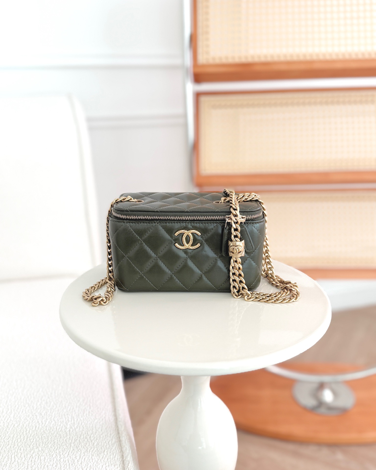 Chanel All Slide Vanity with Adjustable Chain Dark Olive Green Lambskin Aged