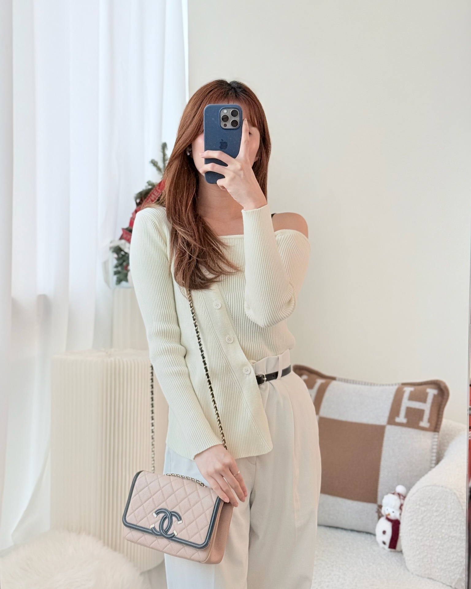 Chanel Small CC Filigree Flap Quilted Beige Black Caviar