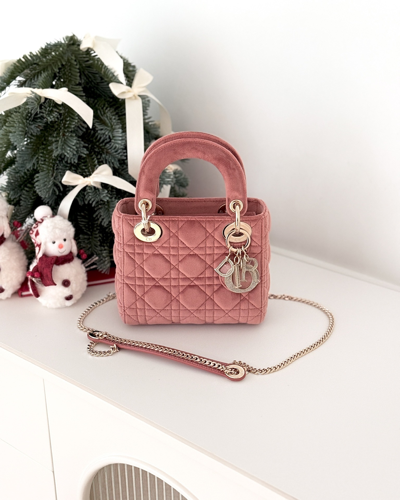 Dior Mini Lady Dior Pink Velvet Cannage Crystal Charms