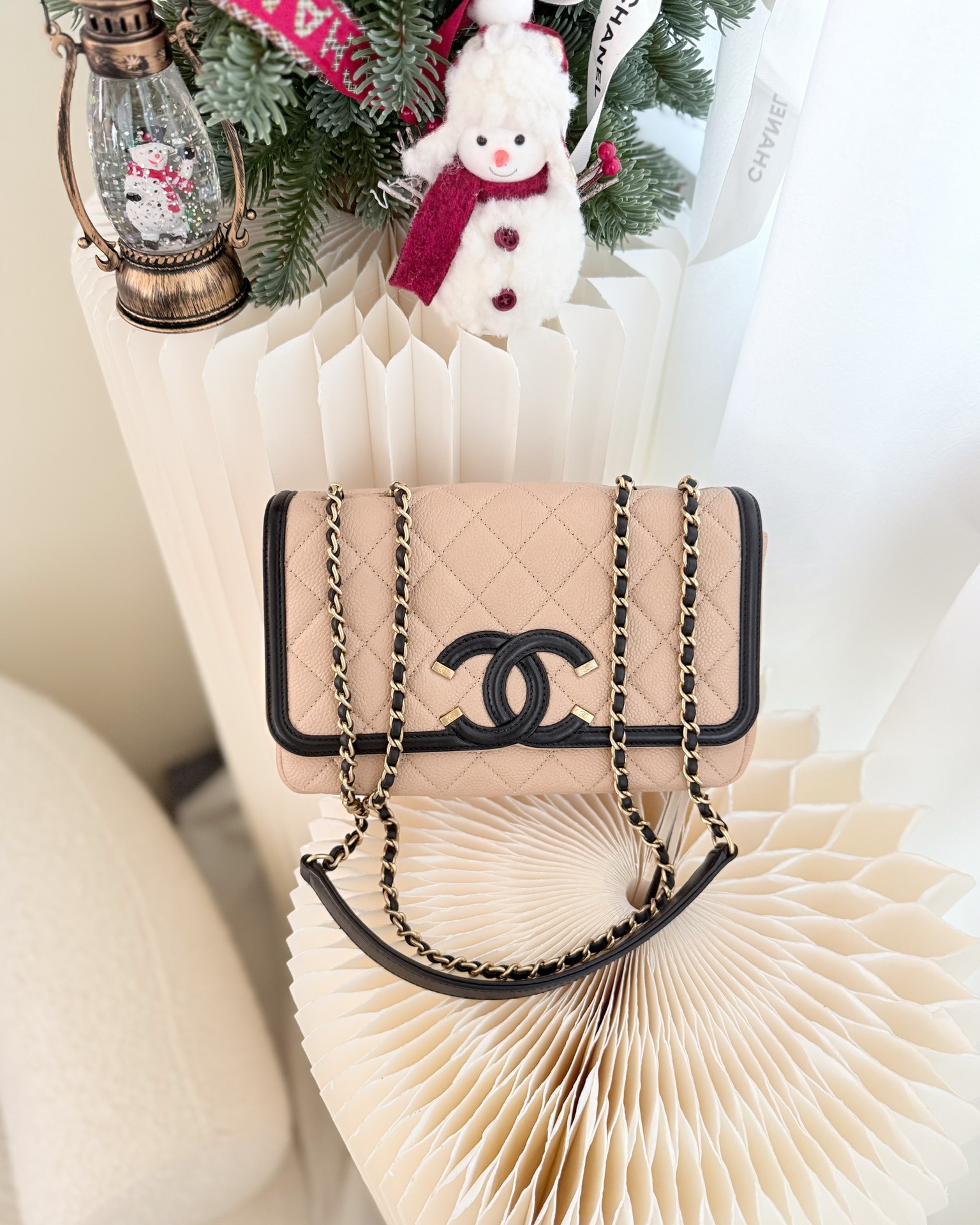 Chanel Small CC Filigree Flap Quilted Beige Black Caviar