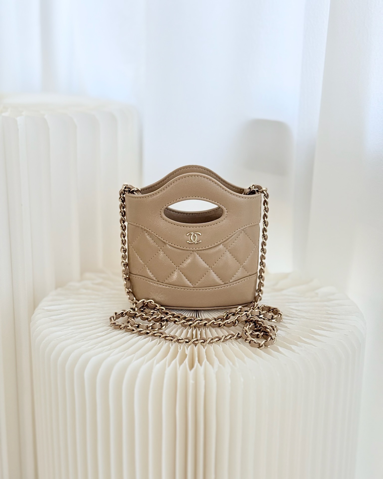 Chanel Micro 31 Beige Bucket Bag Shiny Calfskin