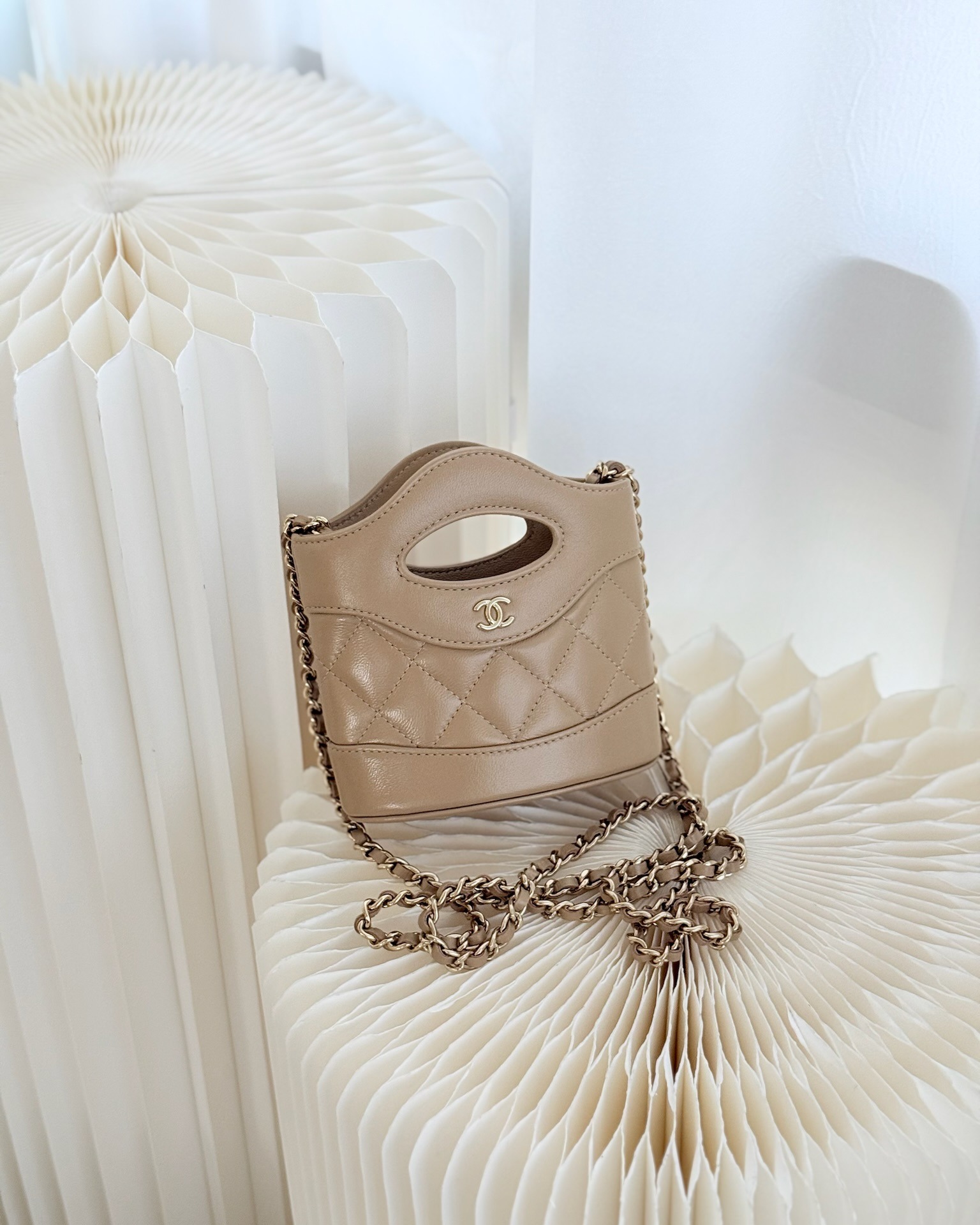 Chanel Micro 31 Beige Bucket Bag Shiny Calfskin