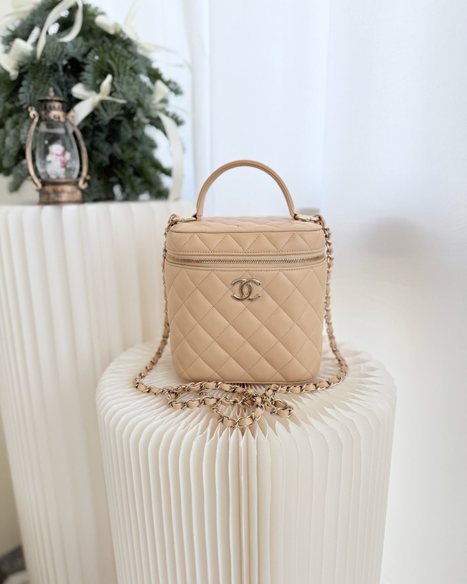 Chanel Small Quilted Top Handle Vanity Case Beige Lambskin