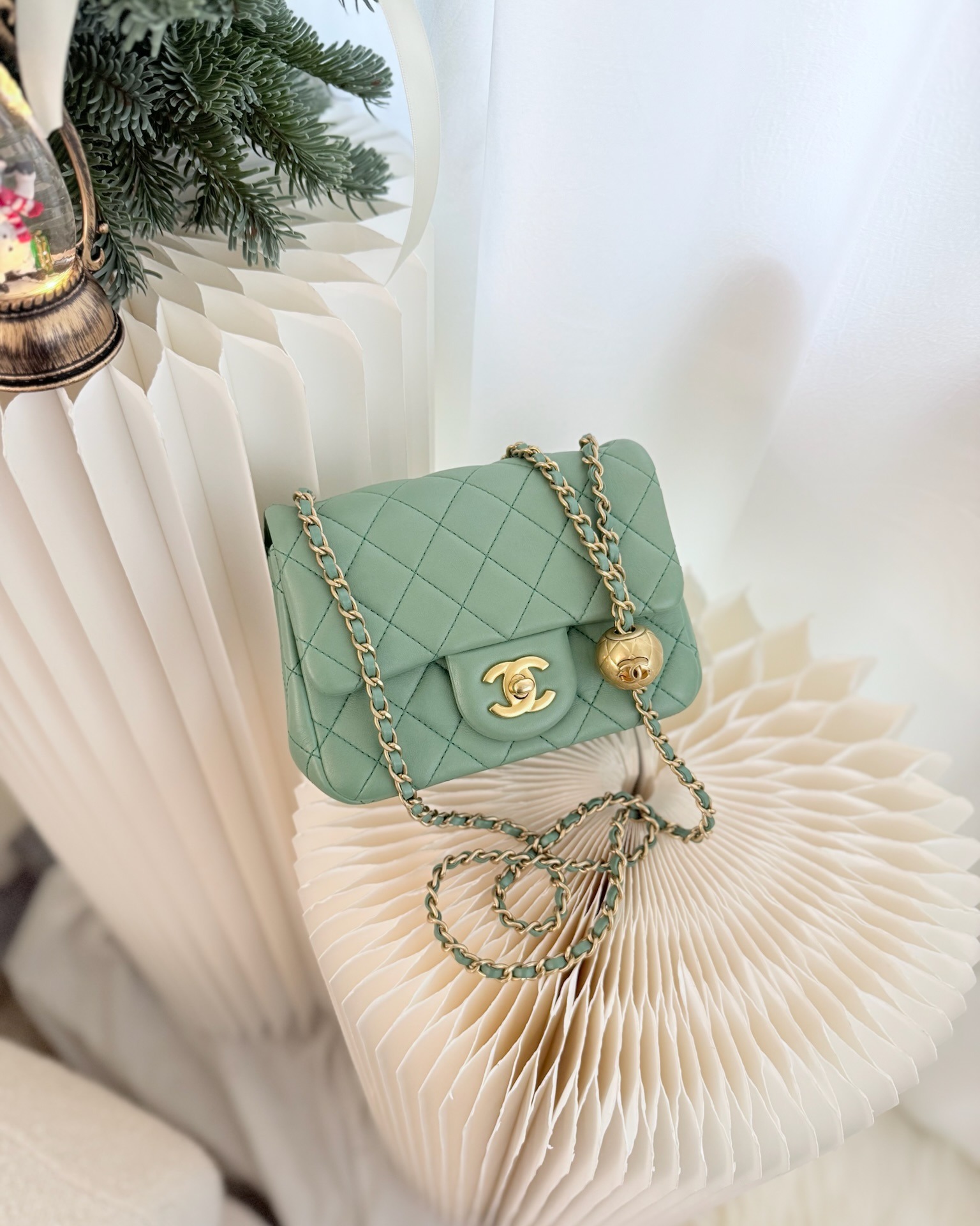 Chanel Pearl Crush Mini Square Quilted Green Lambskin Aged