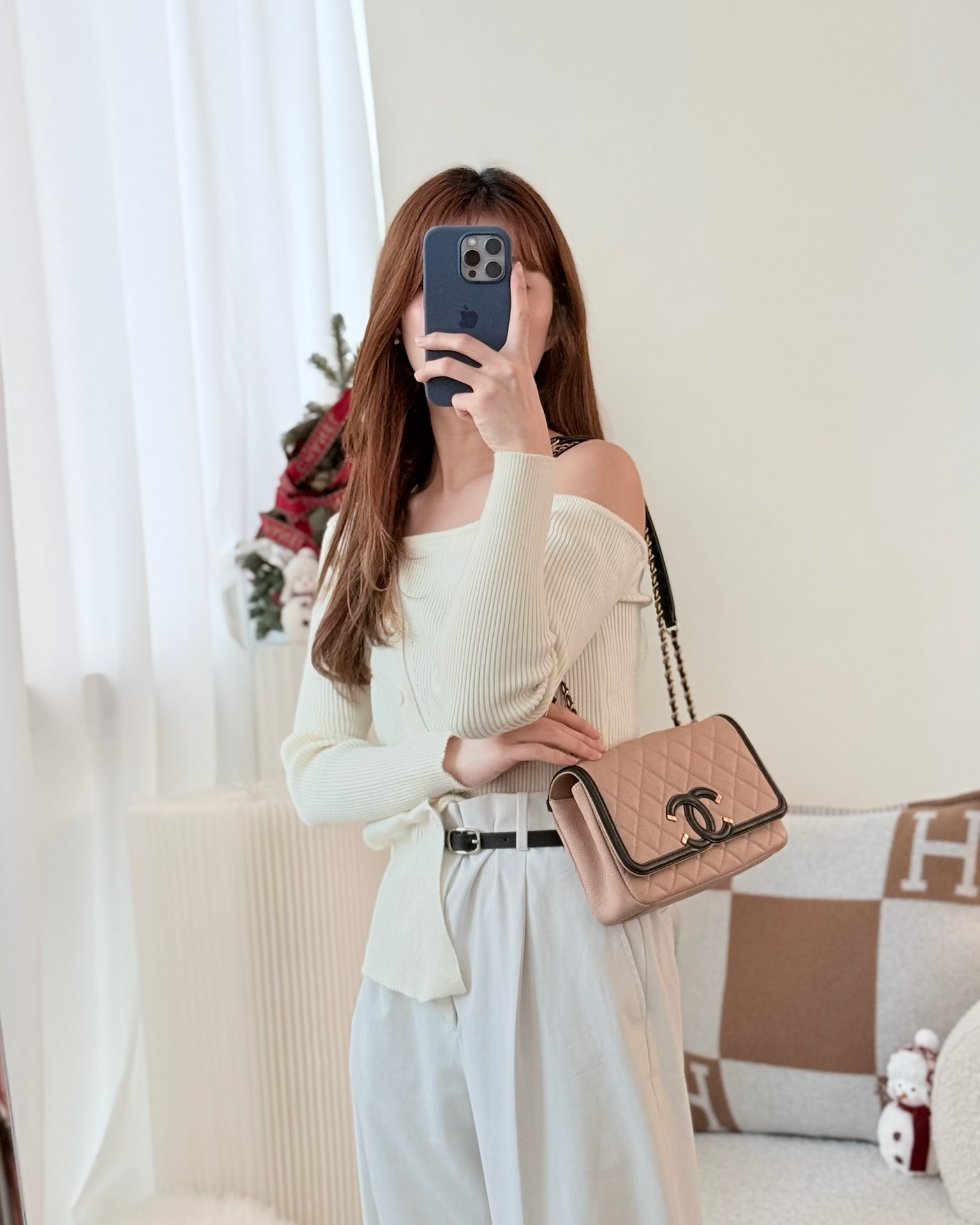 Chanel Small CC Filigree Flap Quilted Beige Black Caviar