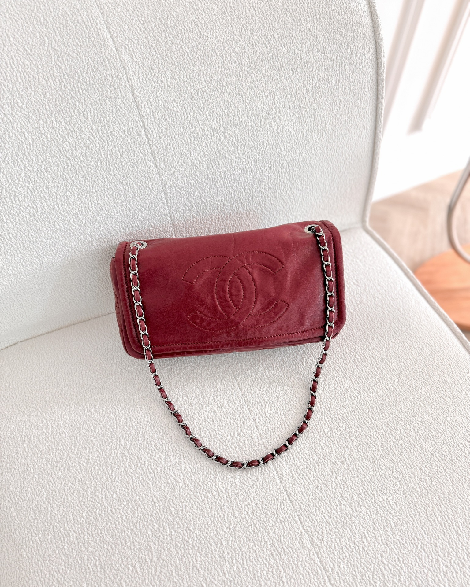 Chanel CC Flap Shoulder Bag Dark Red Crumpled Leather