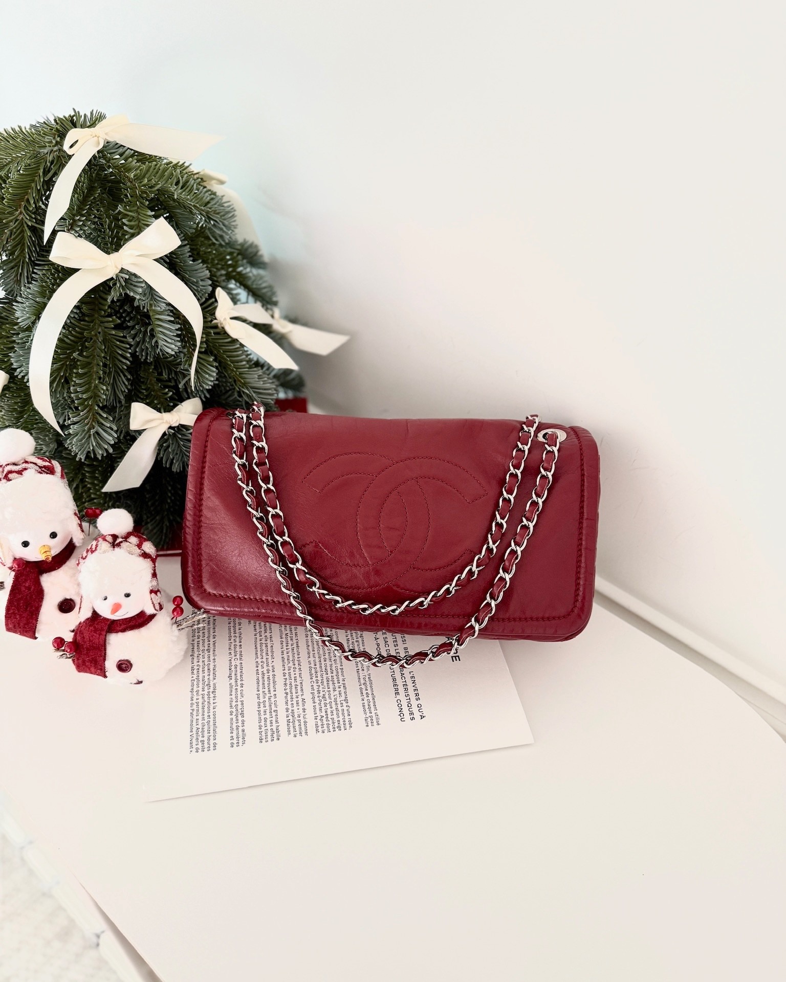 Chanel CC Flap Shoulder Bag Dark Red Crumpled Leather