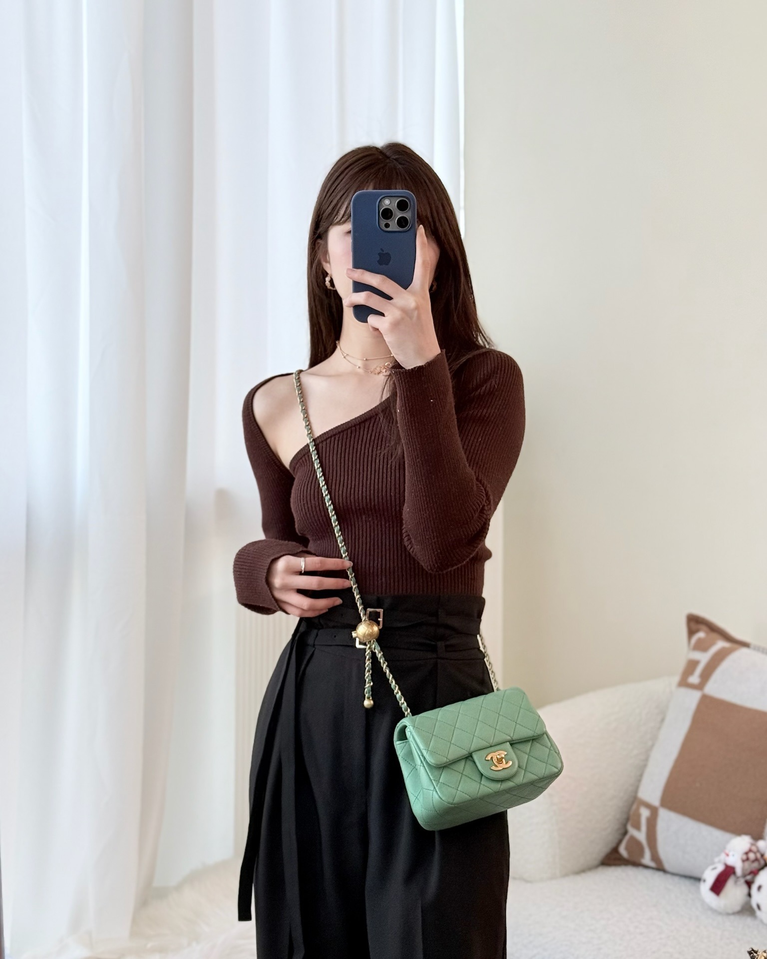 Chanel Pearl Crush Mini Square Quilted Green Lambskin Aged