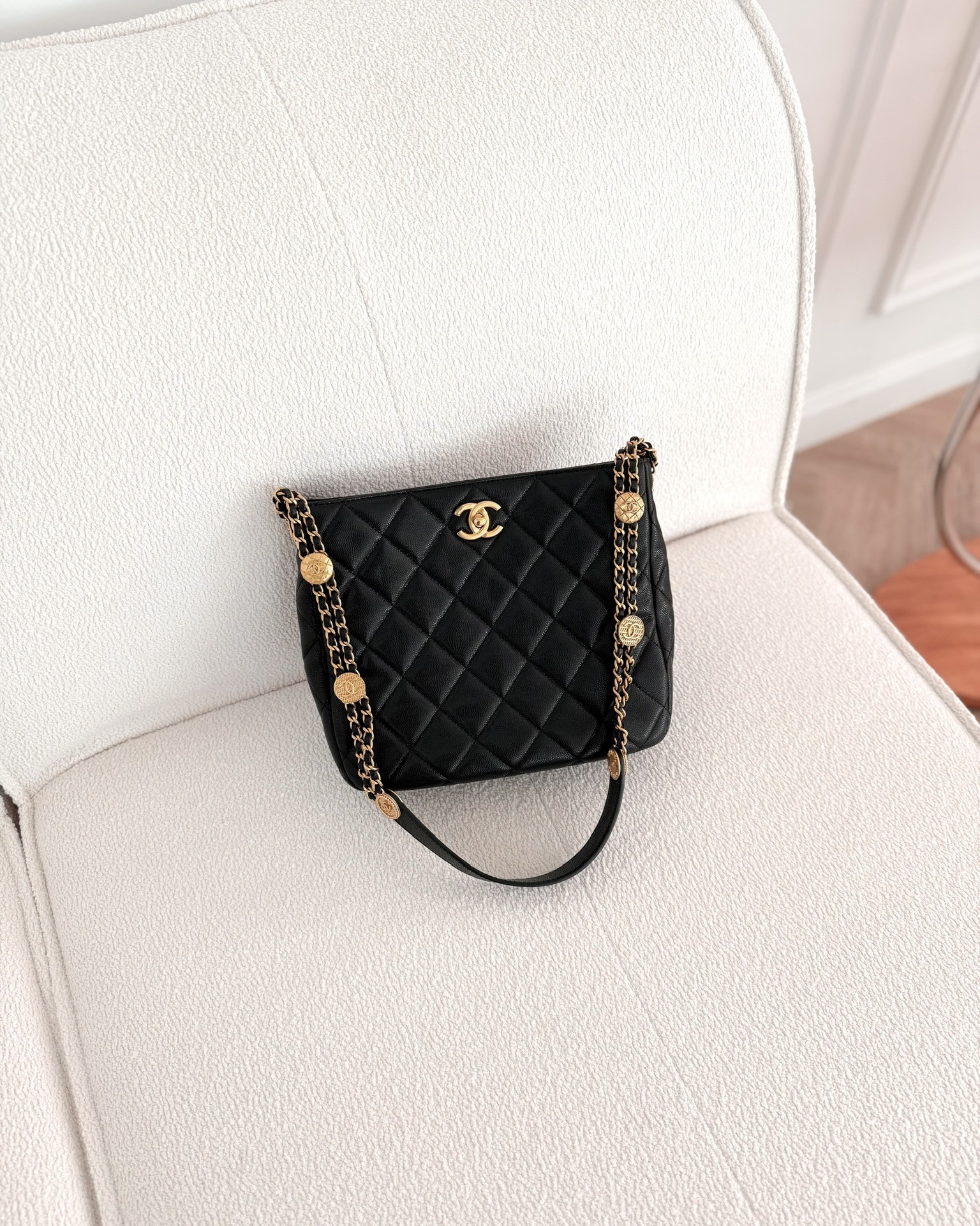 Chanel Twist Your Buttons Hobo Bag Black Shiny Soft Caviar Aged 22A