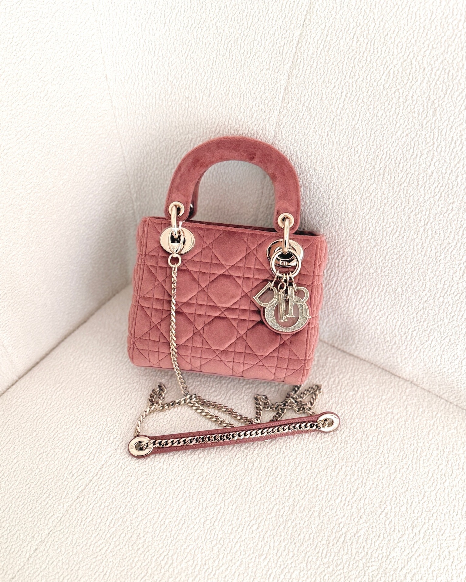 Dior Mini Lady Dior Pink Velvet Cannage Crystal Charms