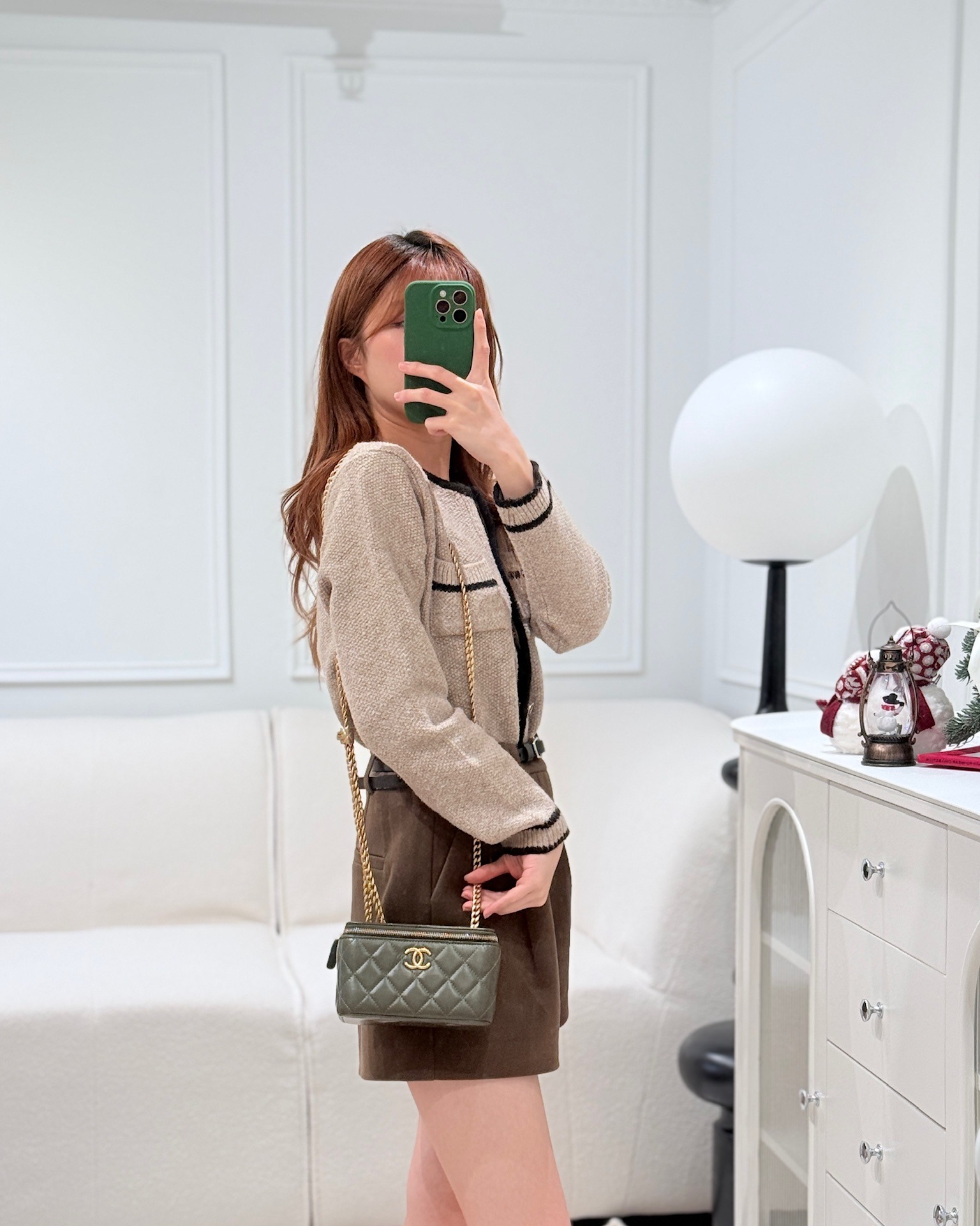 Chanel All Slide Vanity with Adjustable Chain Dark Olive Green Lambskin Aged