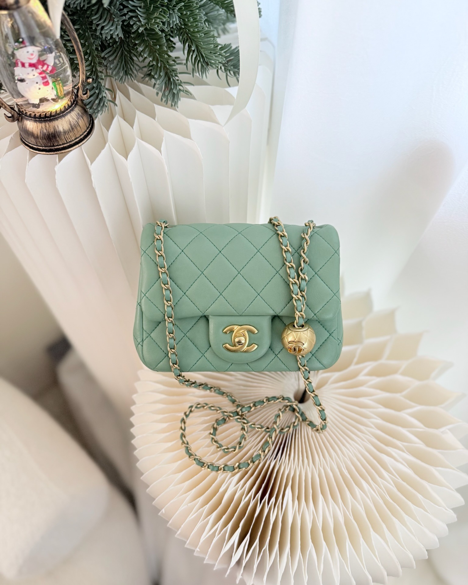 Chanel Pearl Crush Mini Square Quilted Green Lambskin Aged